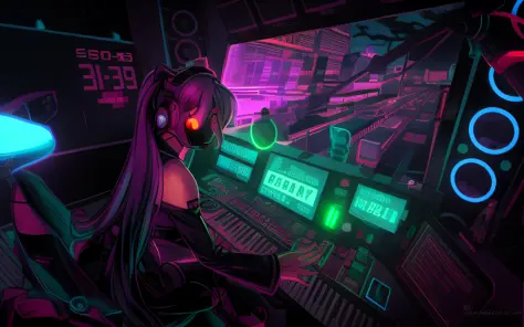 dark portrait of marvel's bloody miku hatsune ievan polkka with intricate angled cybernetic implants inside brutalist building, ...