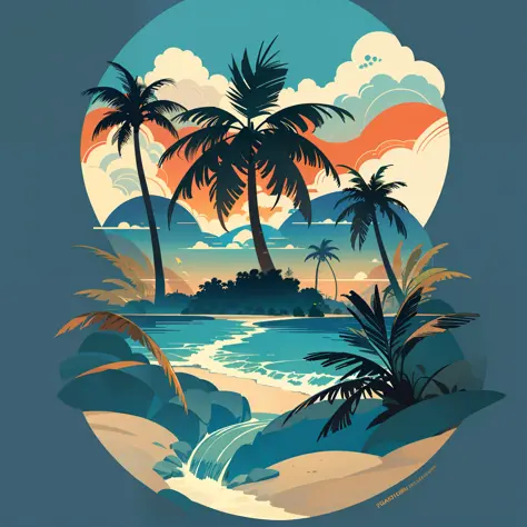 hawaii, palm trees, beach in summer landscape, t-shirt design, mid-journey, vector art, hydro74