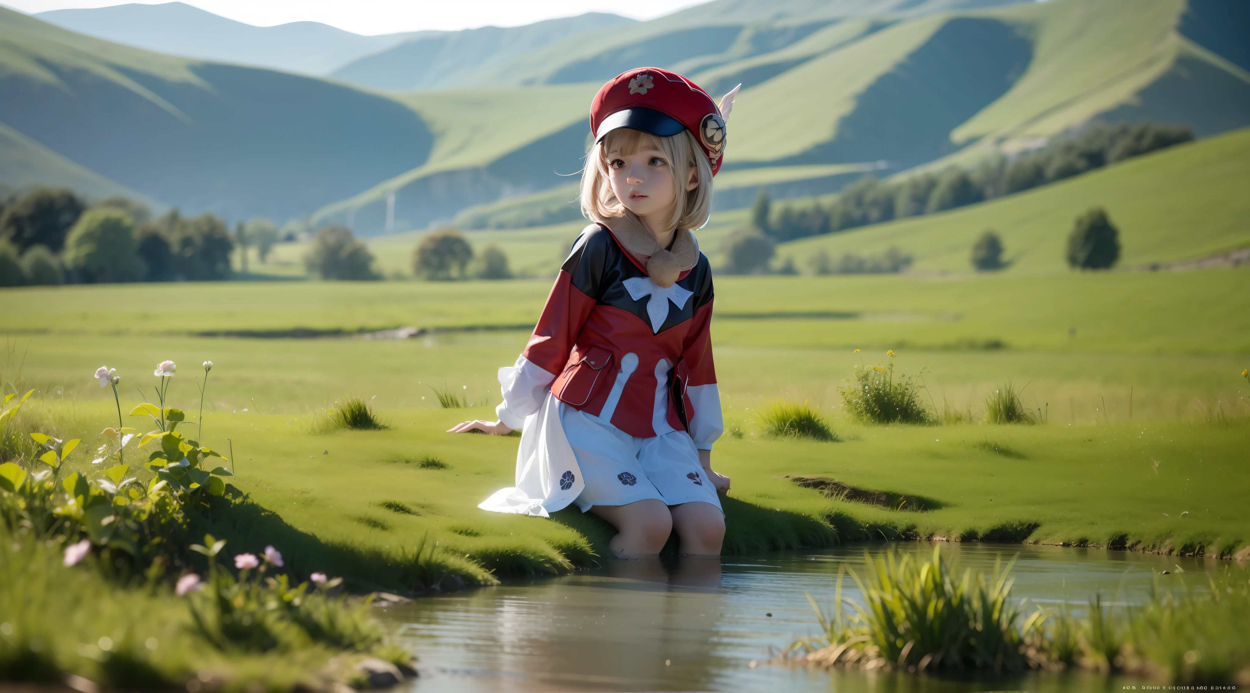 Characters in Genshin，Role play for girls，realistic cosplay，Red dress，Red backpack，Red hat，short white hair，Cute girl，Five-year-old girl，The hat is decorated with white wings on both sides，sitting near a river，Masterpiece, super-detail, highdetail, 4K，huge eyes