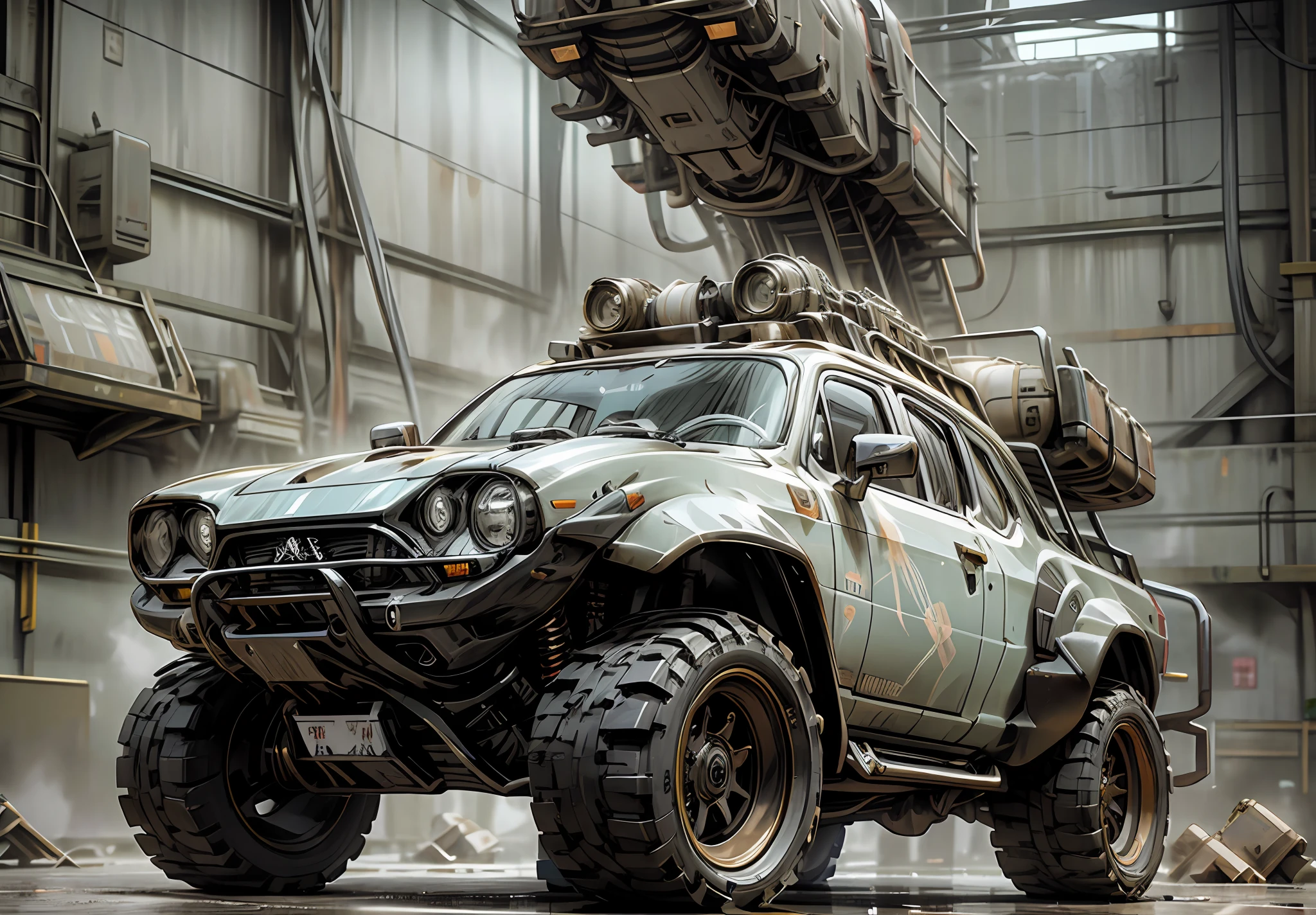 Il y a une camionnette Hummer EV, avec un armement anti-apocalyptique adapté, grille à lame renforcée en acier, avec pneus tout-terrain à l&#39;avant et châssis de réservoir à l&#39;arrière, avec diverses armes sur le dessus, Canons, bombe nucléaire, et destruction apocalyptique, Caractéristiques d&#39;un char de guerre, Voiture anti-apocalyptique ultramoderne, concept steampunk vif, Rendu 3D steampunk, Rendu stylisé 3D, voiture steampunk, steampunk de science-fiction coloré, Rendu Art Nouveau Octane, Rendu 3D stylisé, Rendu 3D hyper détaillé, Rendu 3D hyper détaillé, Rendu 3D surréaliste, Art numérique de rendu 3D
