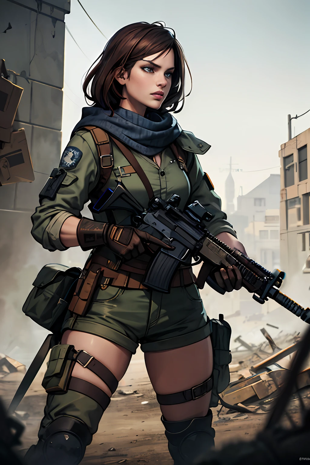 masterpiece, best quality, 8k, artstation, wallpaper, splash art, sharp focus, beautiful woman, in post-apocalyptic wasteland. wearing survivor gear, (solo), (using an assault rifle), (brown hair), dark blue eyes