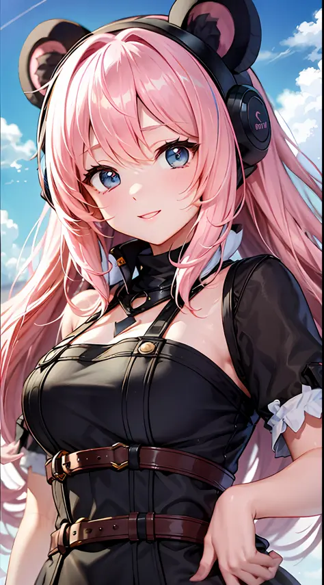 anime kumakuma kuma bear、bear costume、pink hair、kawaii girl、a high-resolution、high picture quality、sorrisos、hig quality、blue sky...