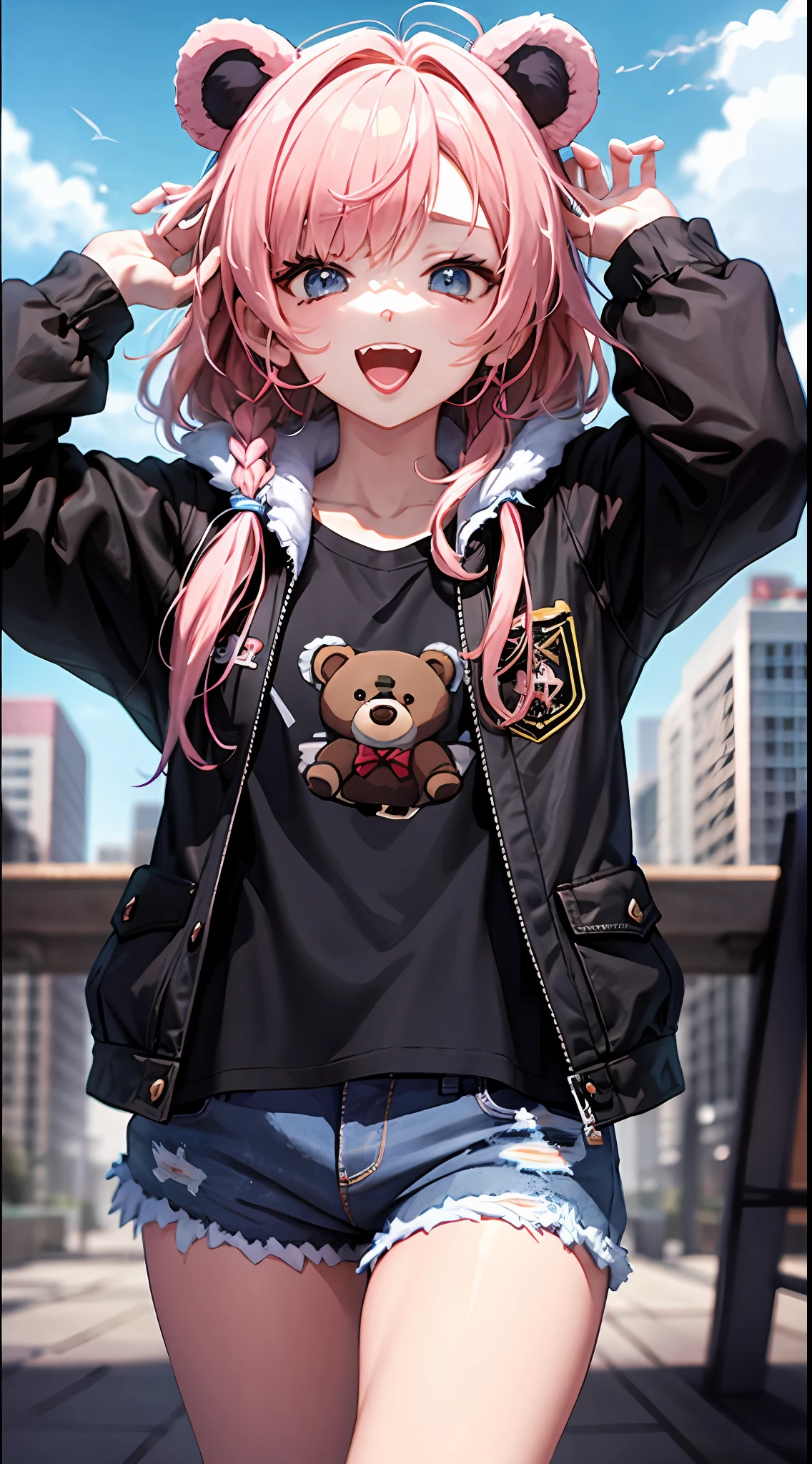 Anime Kumakuma Kuma Bear、Bear costume、Pink hair、kawaii girl、A high-resolution、high picture quality、Sorrisos、hig quality、blue sky、