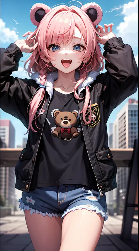 anime kumakuma kuma bear、bear costume、pink hair、kawaii girl、a high-resolution、high picture quality、sorrisos、hig quality、blue sky...