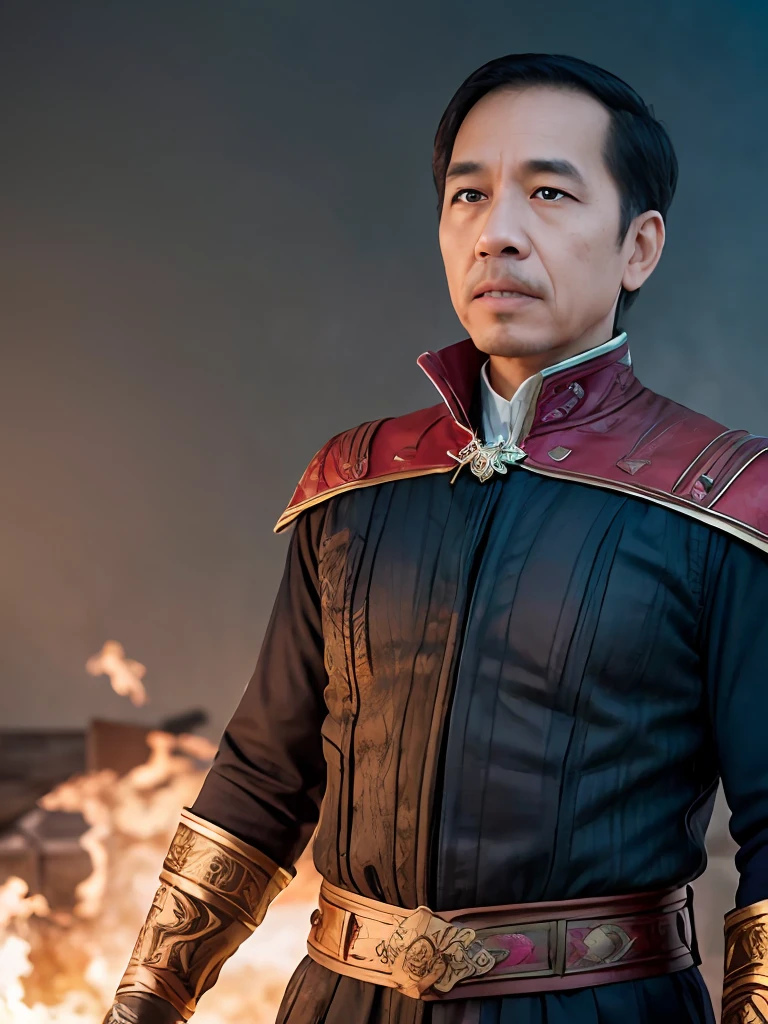 jokowi wear doctor strange outfit, 4k, Best quality, masterpiece, ultra high res, beautiful lighting, (realistic, photo-realistic:1.4), realistic background,1man, 50 years old, standing potrait photo, Long shot, wide shot, full shot, explosion background, use Fire-and-forget Destruction spell on right hand