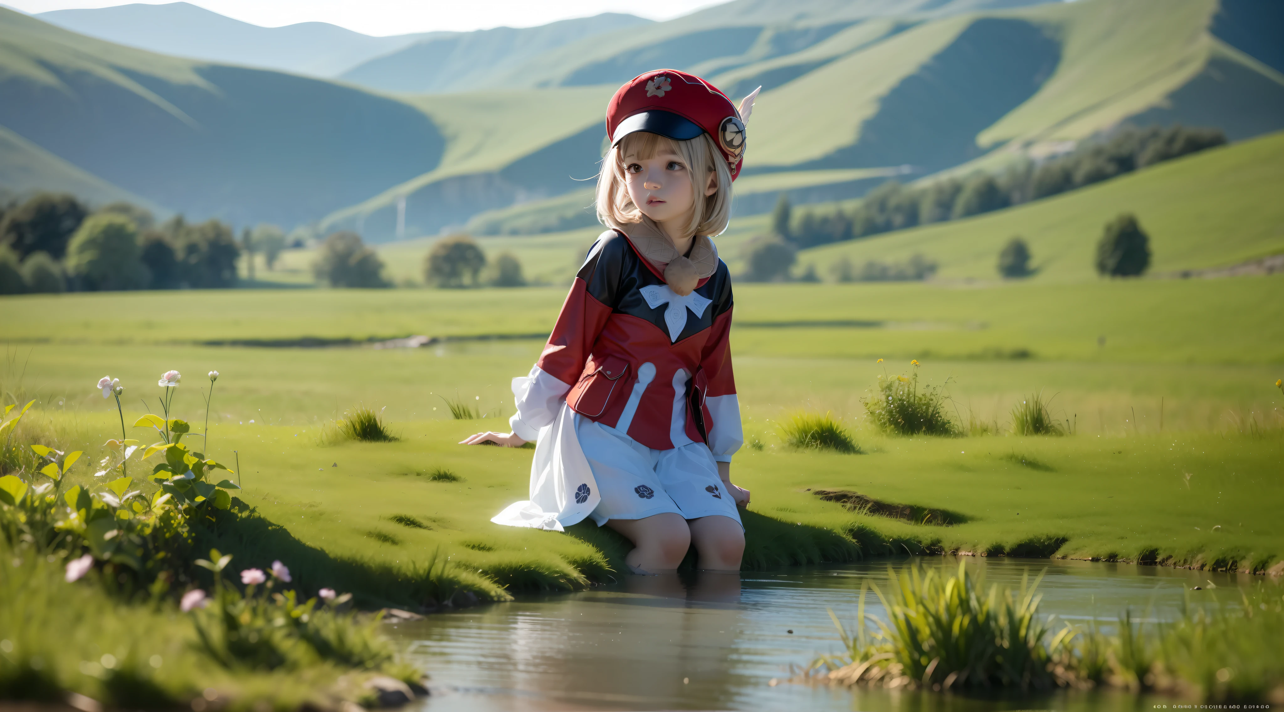 Characters in Genshin，Role play for girls，realistic cosplay，Red dress，Red backpack，Red hat，short white hair，Cute girl，Five-year-old girl，The hat is decorated with white wings on both sides，sitting near a river，Masterpiece, super-detail, highdetail, 4K，huge eyes