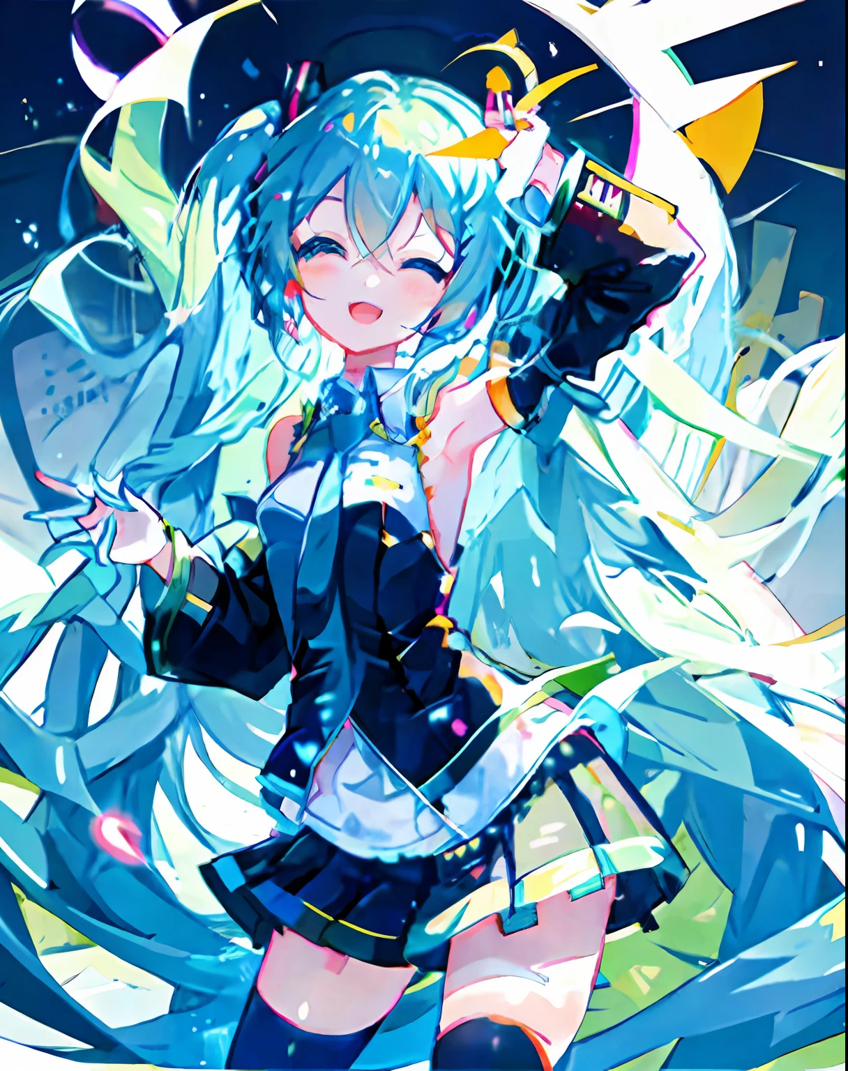 Chica anime con cabello azul, pose(brazos ARRIBA + feliz), Hatsune Miku, amigo, con una coronita azul sobre su cabeza, con los brazos en alto, feliz