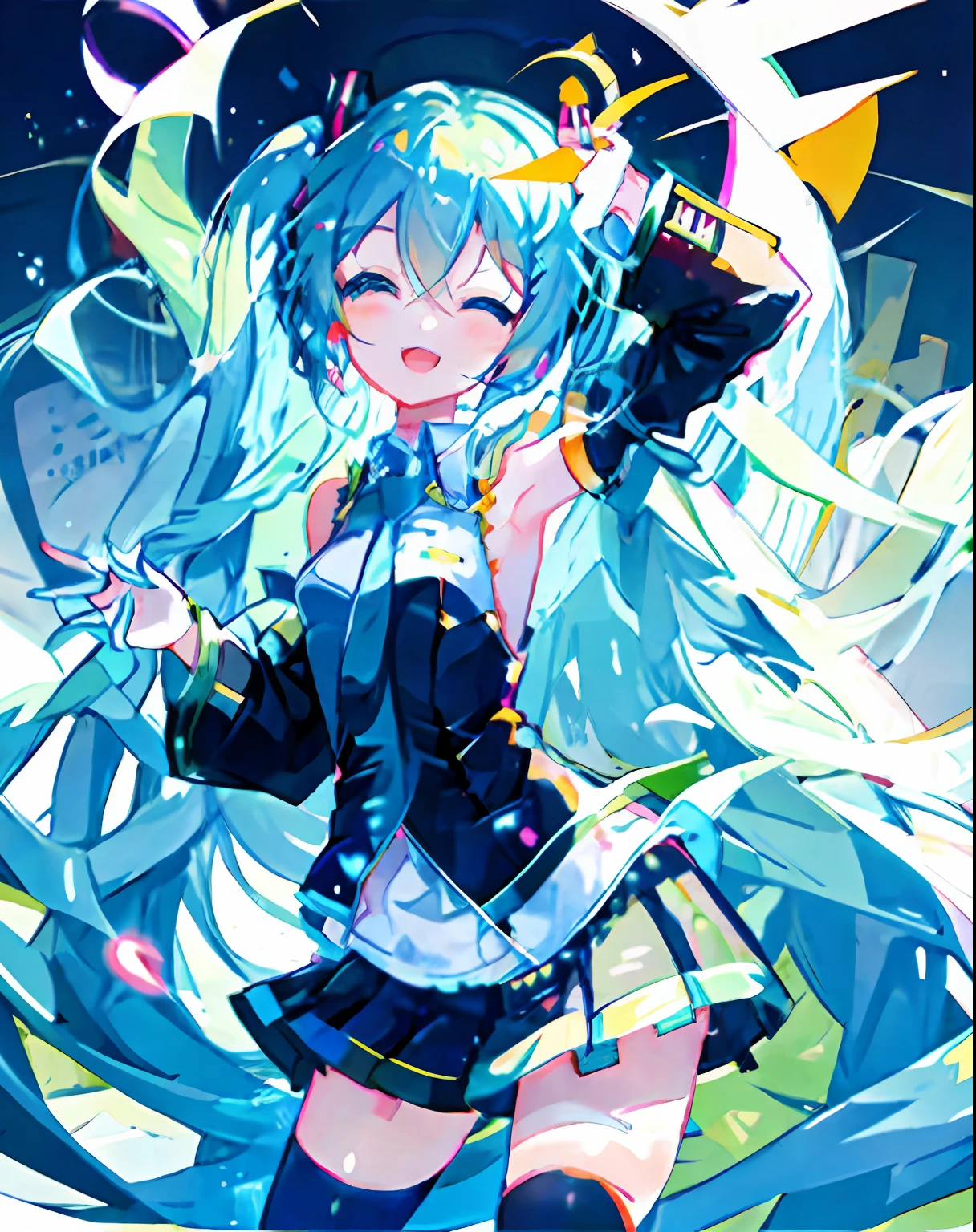 Une fille d'anime avec des cheveux bleus, pose(bras en l&#39;air + heureux), Hatsune Miku, ami, avec une petite couronne bleue sur la tête, avec les bras levés, heureux