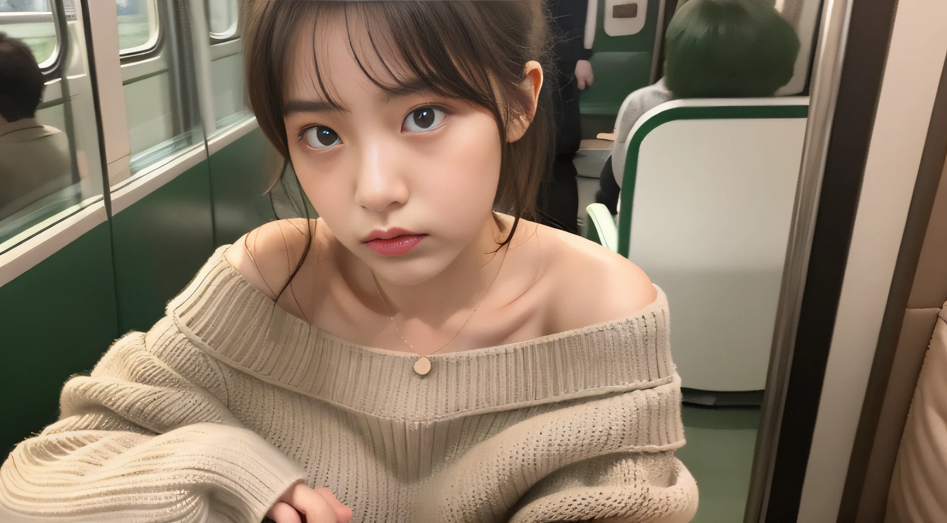 16-year-old Japan beautiful girl glaring at strange uncle on train、Face close-up、Angry、glareing、off-shoulder sweater