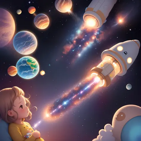 a yellow space shuttle flying over the moon with a girl with curly hair inside the space shuttle waving goodbye and a bear on to...