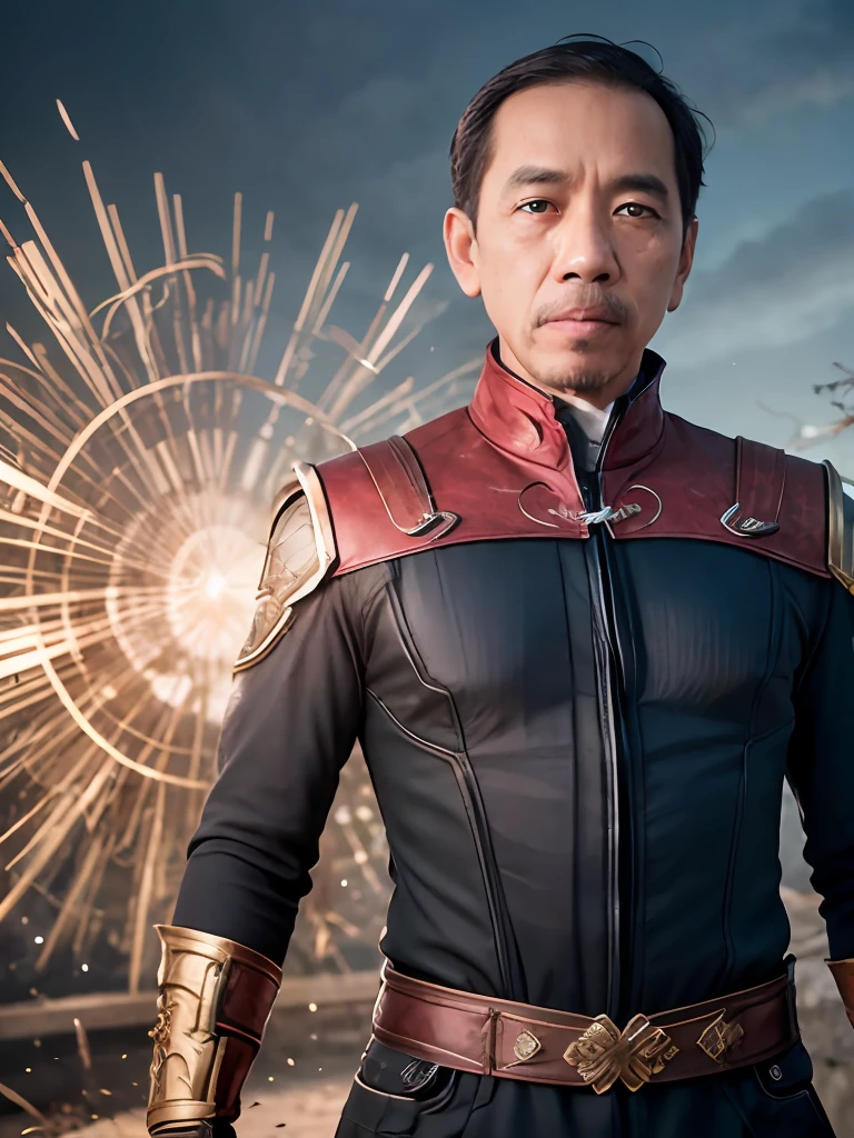 jokowi wear doctor strange outfit, 4k, Best quality, masterpiece, ultra high res, beautiful lighting, (realistic, photo-realistic:1.4), realistic background,1man, 50 years old, standing potrait photo, Long shot, wide shot, full shot, explosion background, use Bolts of Balthakk spell on right hand