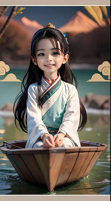 (masterpiece),(need),(super meticulous),(entire body:1.2)，（a little boy：laugh，white hanfu，with long black hair，sit in a small bo...