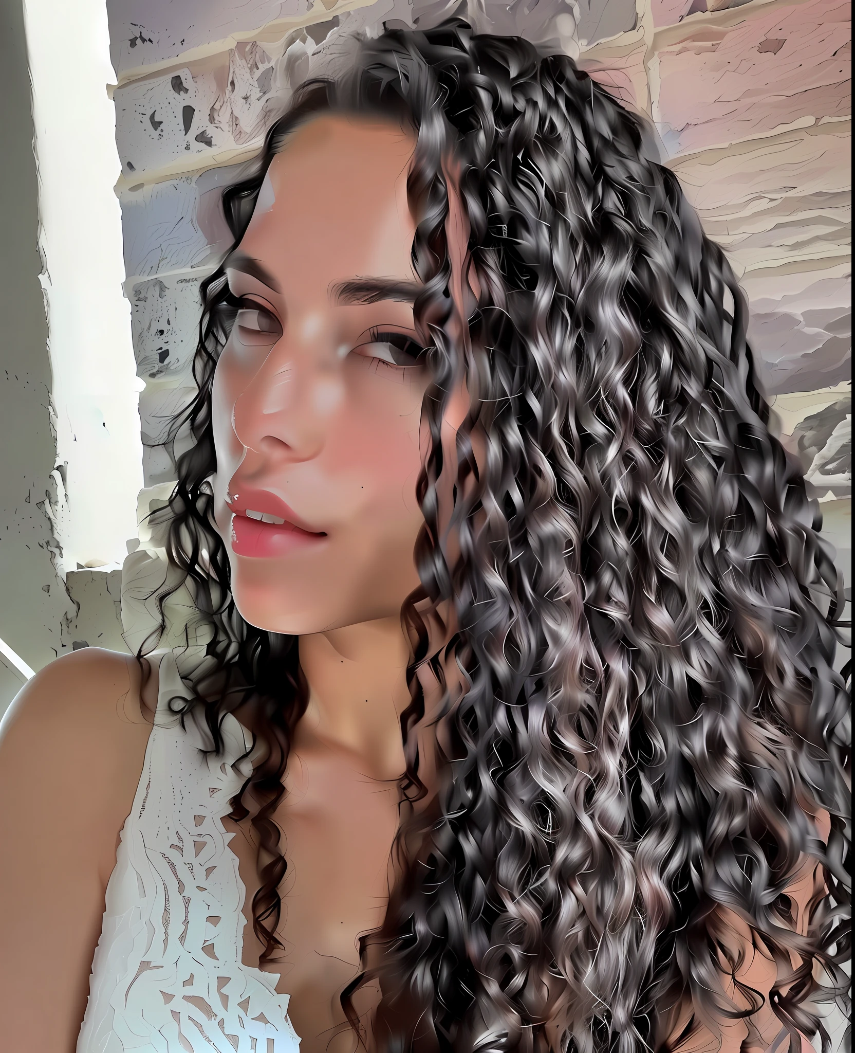 A close up of a woman with long curly hair wearing a white top - SeaArt AI