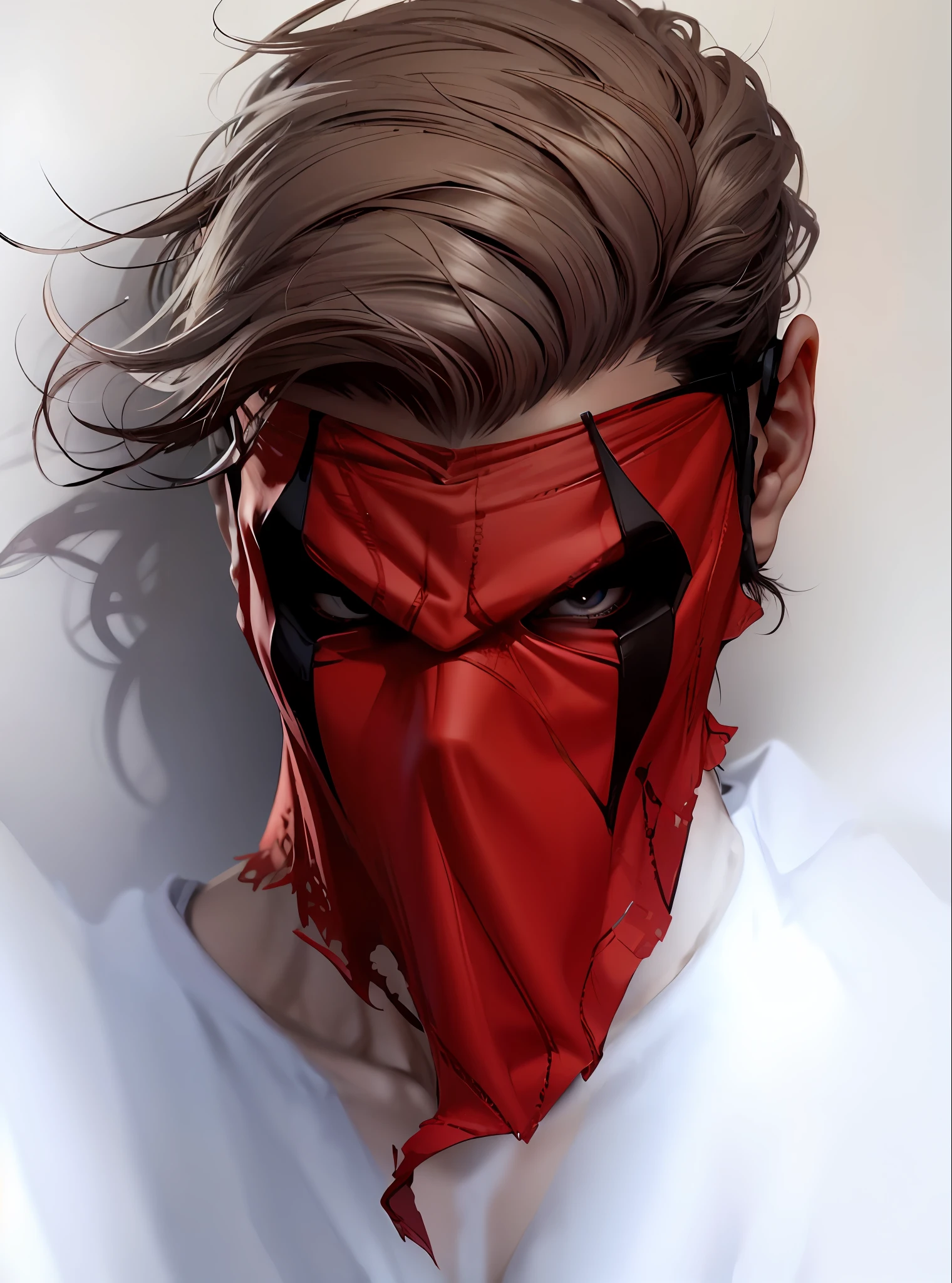 Grifter, retrato close up, a mask of red fabric, eye white, brownhair, unreal engine 5, 8K.