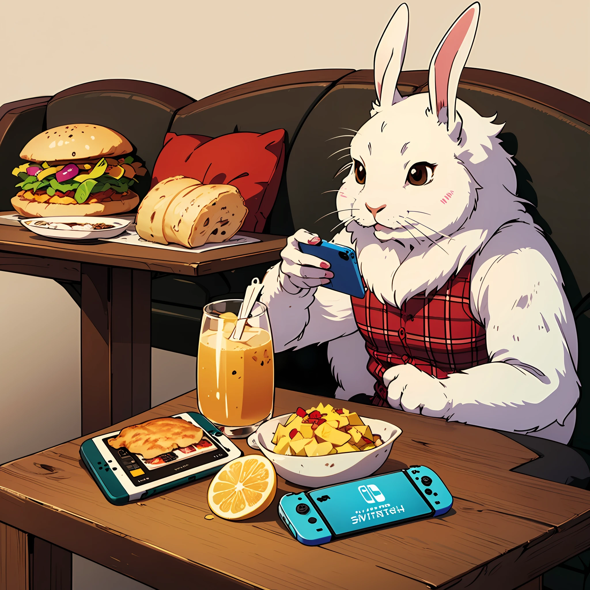 No Human, White Fur, Plaid Pillow, Original, Cell Phone, Nintendo Switch, Solo, Chip_ (Food), Phone, Eat, Animal Focus, Ayu _ (Mog), Pillow, Smartphone, Food, Simple Background, Rabbit, Symbol Annotation Only