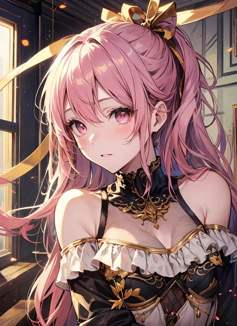A masterpiece of literary text、maximum quality、Asuna\(stars\)、1女の子、armature、bare shoulder、blushed、breastplate、Pink eyes、Pink Hair、The dress、Luxury lingerie、Lambent Light、slong hair、Watch your audience、Golden Ribbon、ribbons、scabbard、ponytails　Hairy hair　A s...