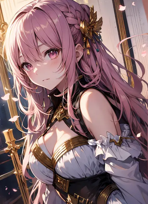 A masterpiece of literary text、maximum quality、Asuna\(stars\)、1女の子、armature、bare shoulder、blushed、breastplate、Pink eyes、Pink Hair、The dress、Luxurious dresses、Lambent Light、slong hair、Watch your audience、Golden Ribbon、ribbons、scabbard、Very long hair white a...