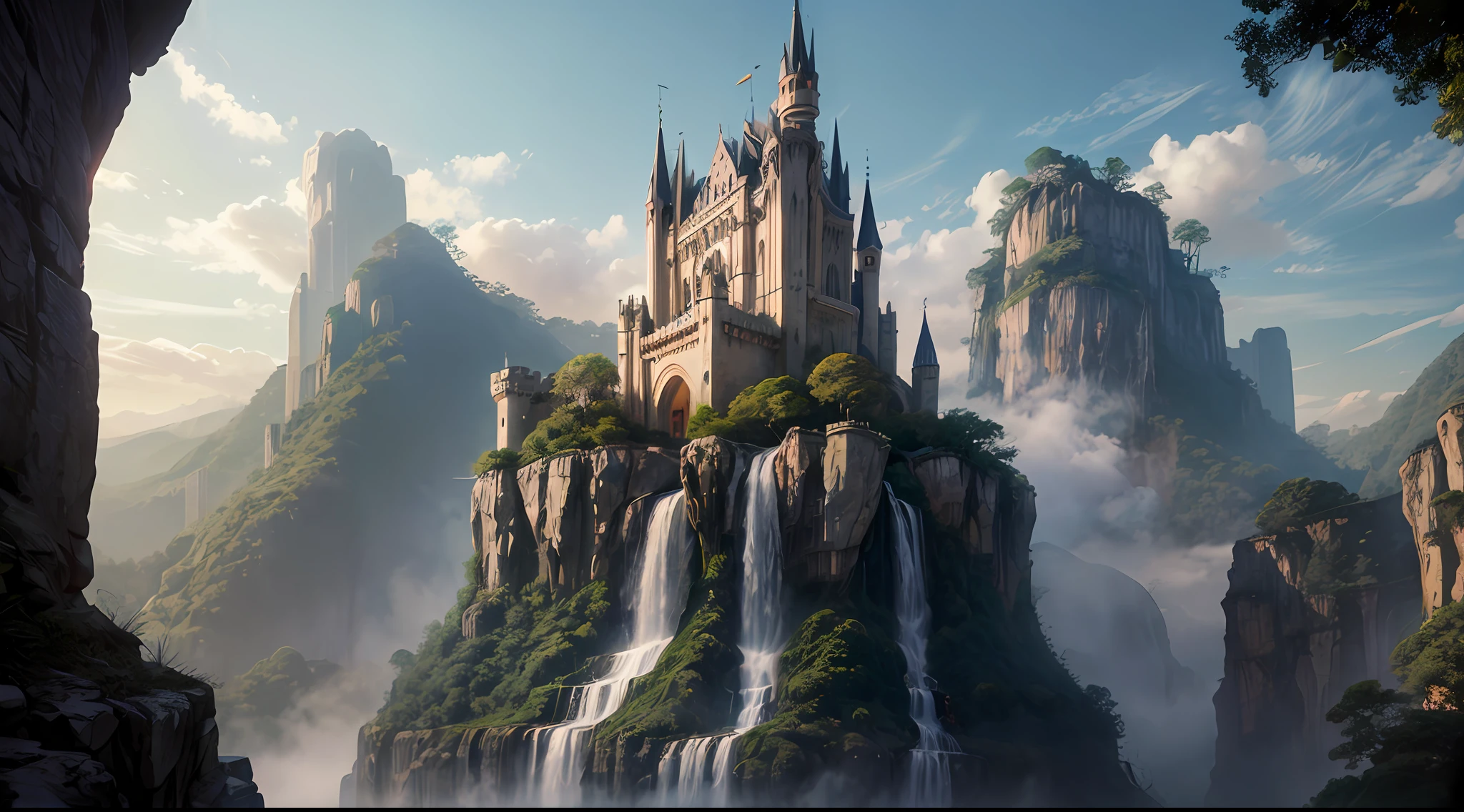 castelo colossal no alto de uma montanha, with many towers and spires, Rio de Janeiro, cachoeira, altamente detalhado, Highresolution, dramatic lighting, detailed acrylic, complexidade intrincada, soft natural volumetric kinematic light, max-width: 100% e max-height: 100%