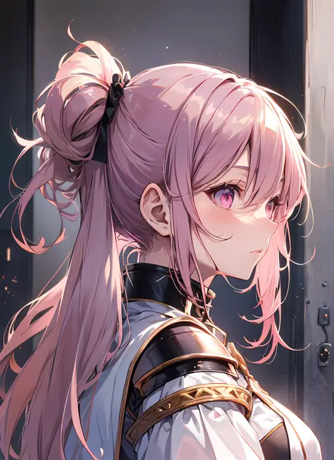 A masterpiece of literary text、maximum quality、Asuna\(stars\)、1女の子、armature、bare shoulder、blushed、breastplate、Pink eyes、Pink Hair、The dress、Blood Knight Uniform\(stars\)、Lambent Light、slong hair、Watch your audience、Golden Ribbon、ribbons、scabbard、Very long ...