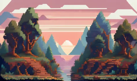 pixelart stylized environment forest city russian large city sunset at night , with people walking around, fine details, award w...