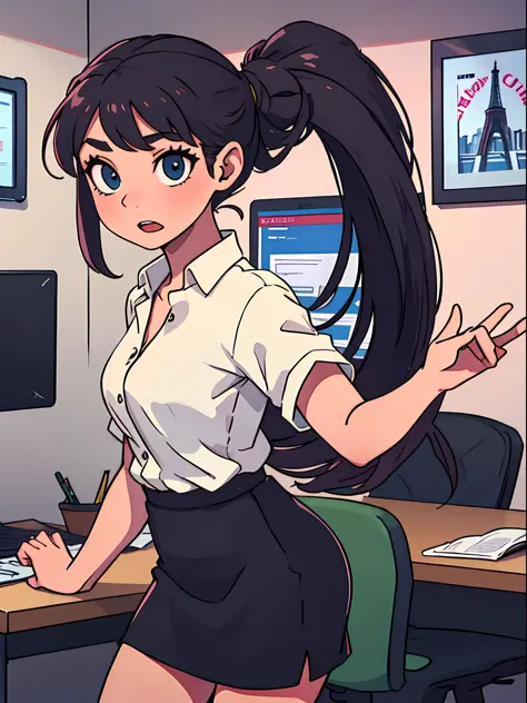 office girl, office backdrop, dynamic twirling pose
