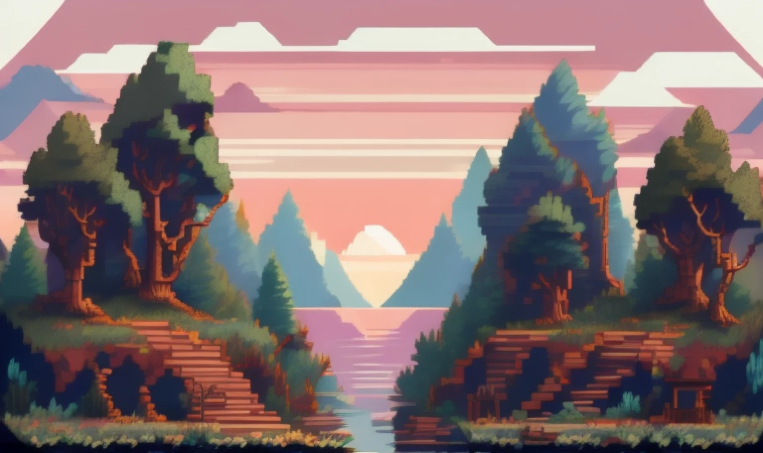 pixelart stylisé environnement forêt ville russe grande ville coucher de soleil la nuit , avec des gens qui se promènent, Détails fins, image primée, très détaillé, 16k, perspective cinématographique, ((style d&#39;art conceptuel d&#39;environnement de jeu vidéo)), jolies couleurs, composition de caméra asymétrique, environnement cinématographique, ambiance de film cinématographique