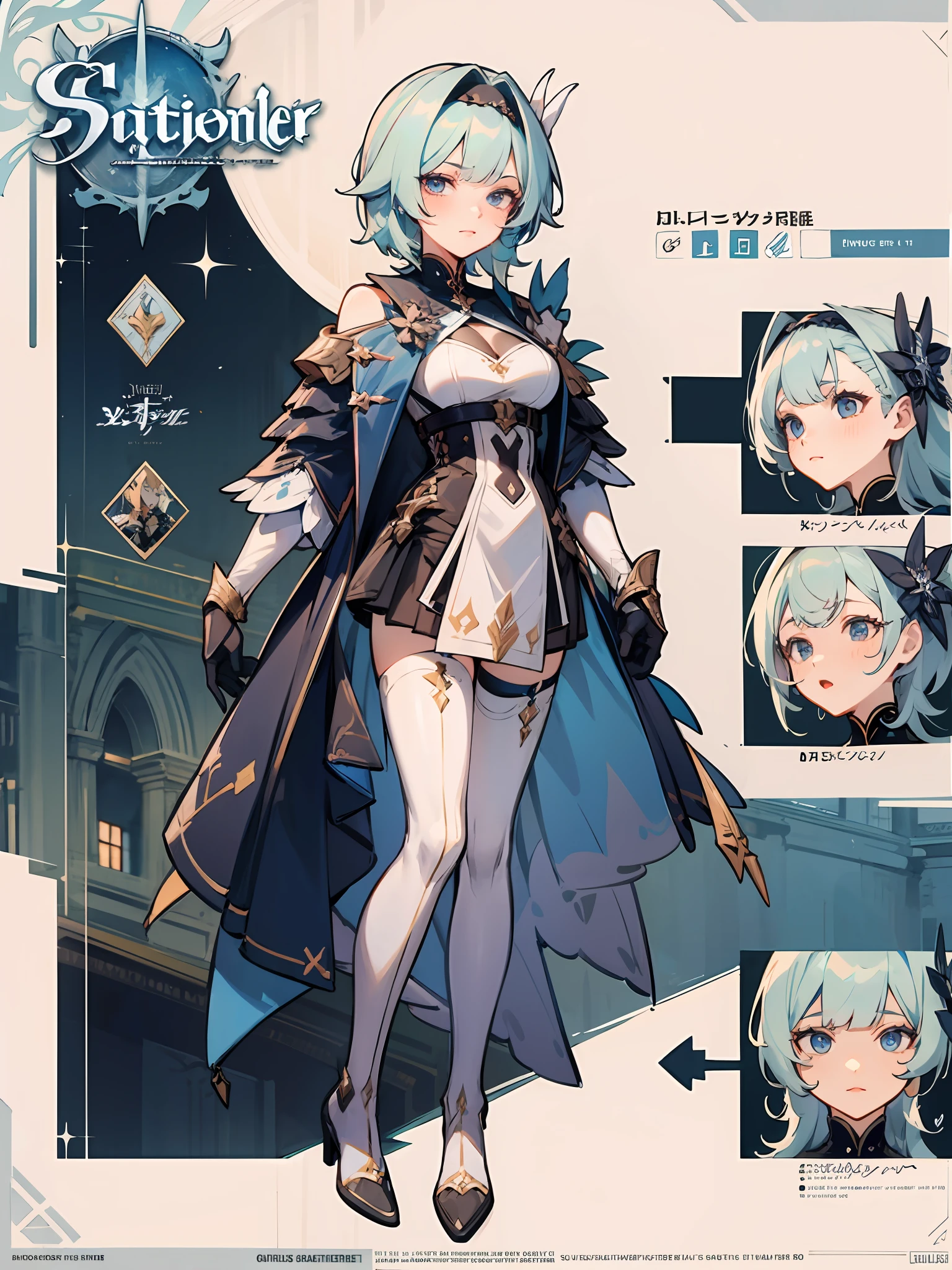 Eula，4K，high quailty，highdetail，Role drawings，Information drawings，Entire body，British style，Knight women's clothing，More mature women，Silvery-white curls to the waist，Hairpins，There are small blue flowers on the hairpin，Blue eyes，tight corset，Lace trim，gauntlets cleavage cleavage，Asymmetrical stockings，One-shoulder cape，architecture，offical arts，sabattier effect