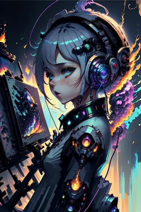 (masterpiece, best quality, highres, absurdres, detailed:1.2), humanoid, robot, wearing headphones, looking away, (cyberpunk, art canvas, paint brush, easel, iridescent, holographic: 1.6), (cables, wires, flames, fire, smoke, overheat, explosion, indoors, ...