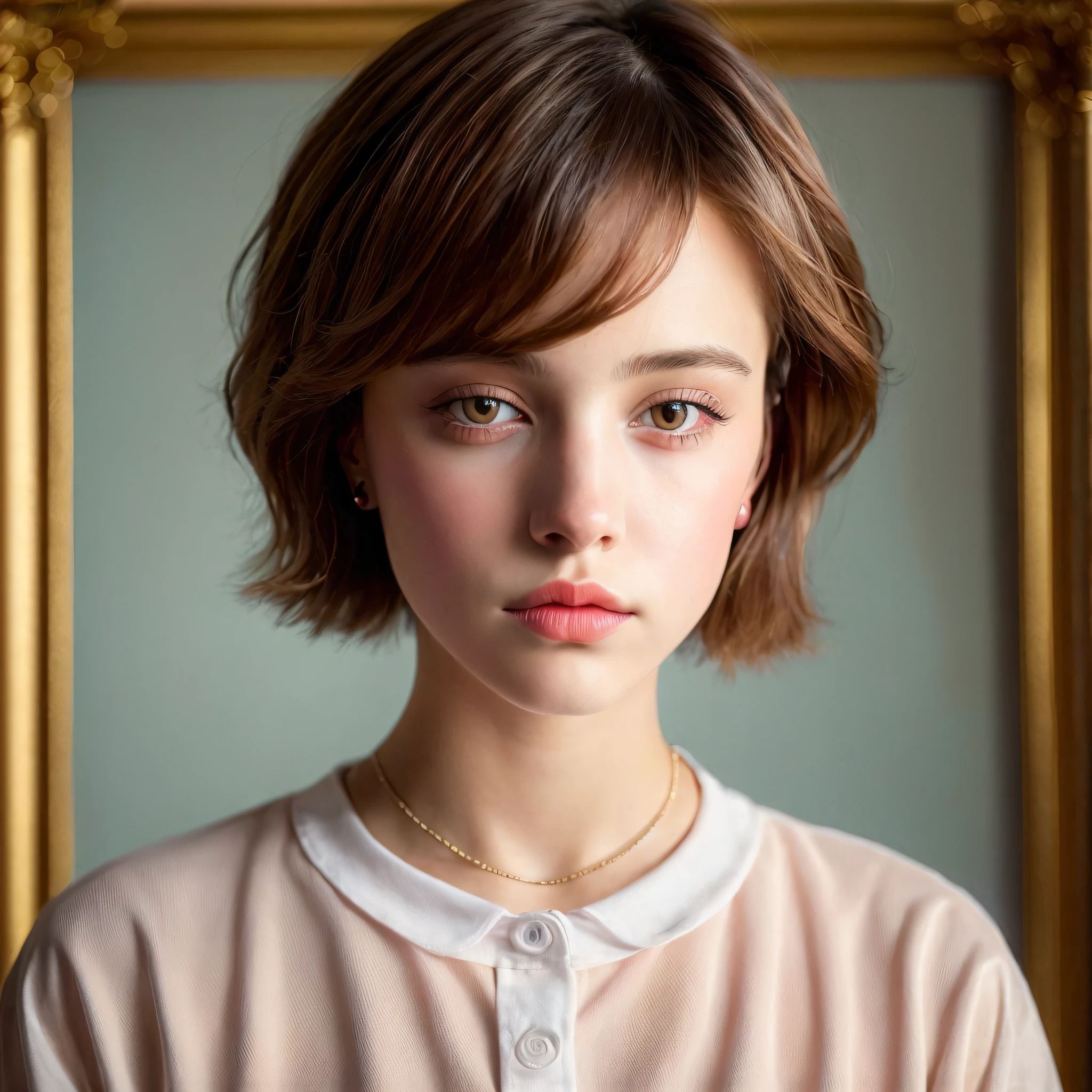 Androgynous Cute young girl short hair big lips face portrait (photorealistic, photo, masterpiece, realistic oil painting masterpiece , perfect face , big lips