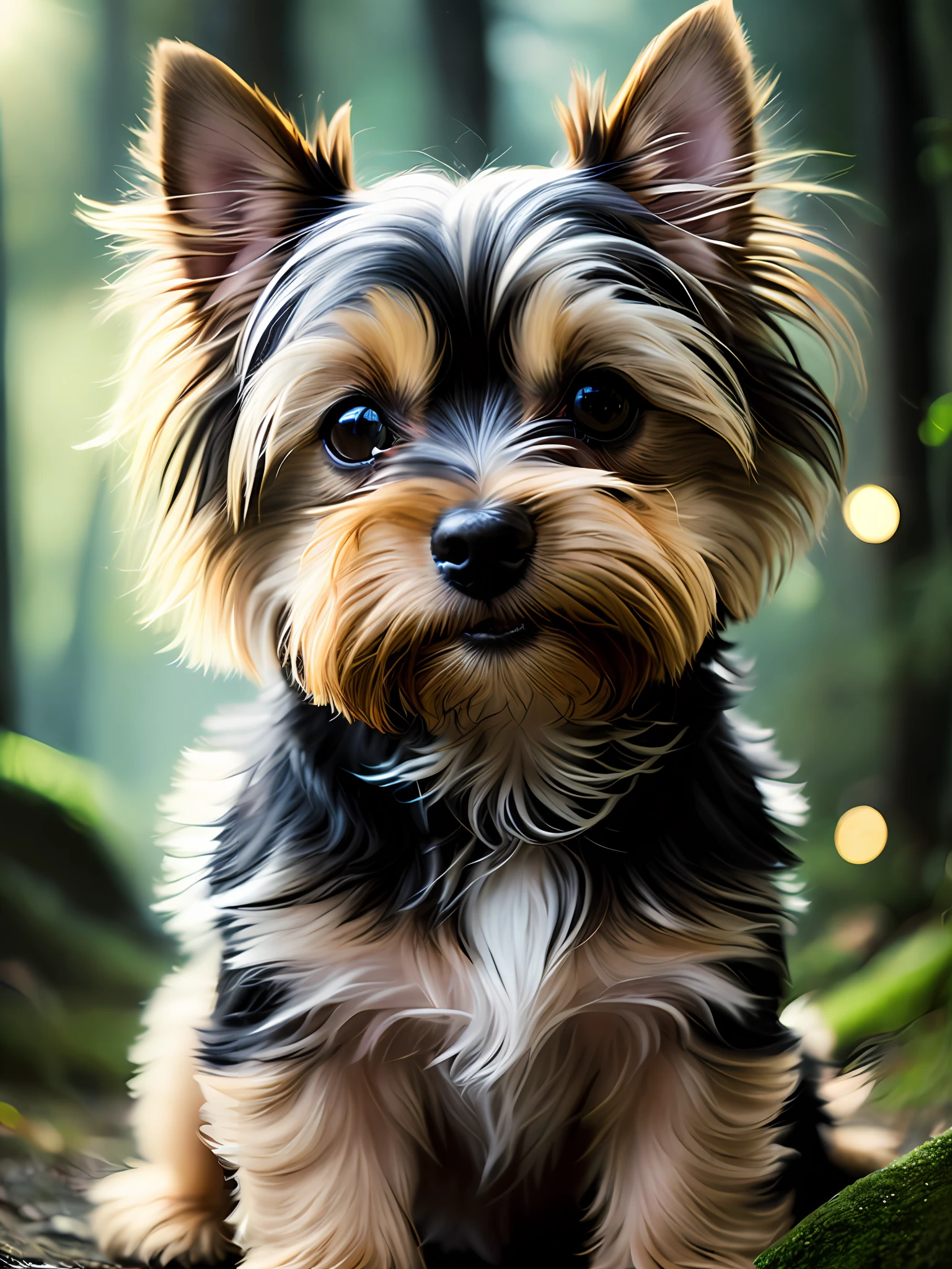 ヨークシャーテリアの子犬のクローズアップ写真, 森の中で10歳がとてもかわいいジャンプをしている, ソフトボリュームライト (バックライト: 1.3), (運動学: 1.2), 複雑な詳細 (アートステーション: 1.3), ルトコウスキー