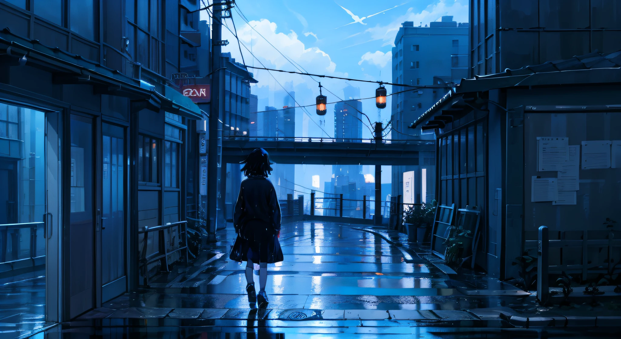 there is a woman walking down a wet street at night, style of alena aenami, gloomy. by makoto shinkai, inspired by Alena Aenami, makoto shinkai cyril rolando, by Alena Aenami, inspired by Liam Wong, atey ghailan 8 k, anime style 4 k, art of alena aenami