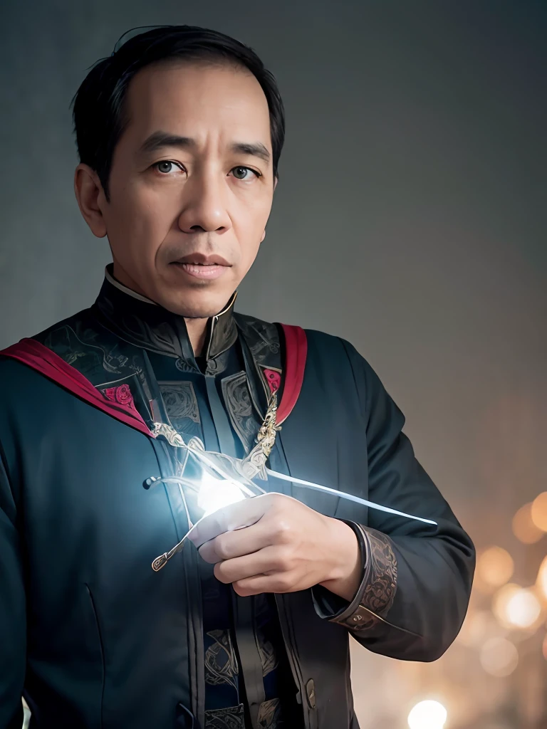 Jokowi trägt seltsames Doktor-Outfit, 4k, beste Qualität, Meisterwerk, ultrahohe Auflösung, schöne Beleuchtung, (realistisch, photo-realistisch:1.4), realistisch background,1 Mann, 50 Jahre alt, Stehendes Porträtfoto, langer Schuss, Weitwinkelaufnahme, Ganzer Schuss, Explosionshintergrund, benutze den Zauber „Bolzen von Balthakk“ auf der rechten Hand