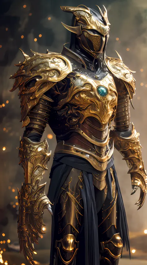 A woman in armor holds a golden sword，Fantasy warrior without face armor，Close-up of golden heavy armor。dramatic，stunning armor，Golden armor，Detailed fantasy armor，Black and gold armor，beautiful armor，Golden armor，Fantasy armor，Intricate golden armor，Golde...
