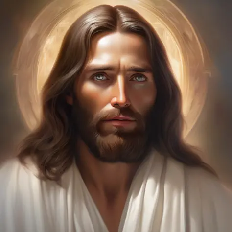 8k portrait of Jesus Christ, with medium beard, (dark brown hair and beard), dressed in white and tonic, intricate, elegant, highly detailed, majestic, digital photography, art by artgerm and ruan jia and greg rutkowski surreal painting (masterpiece, side ...