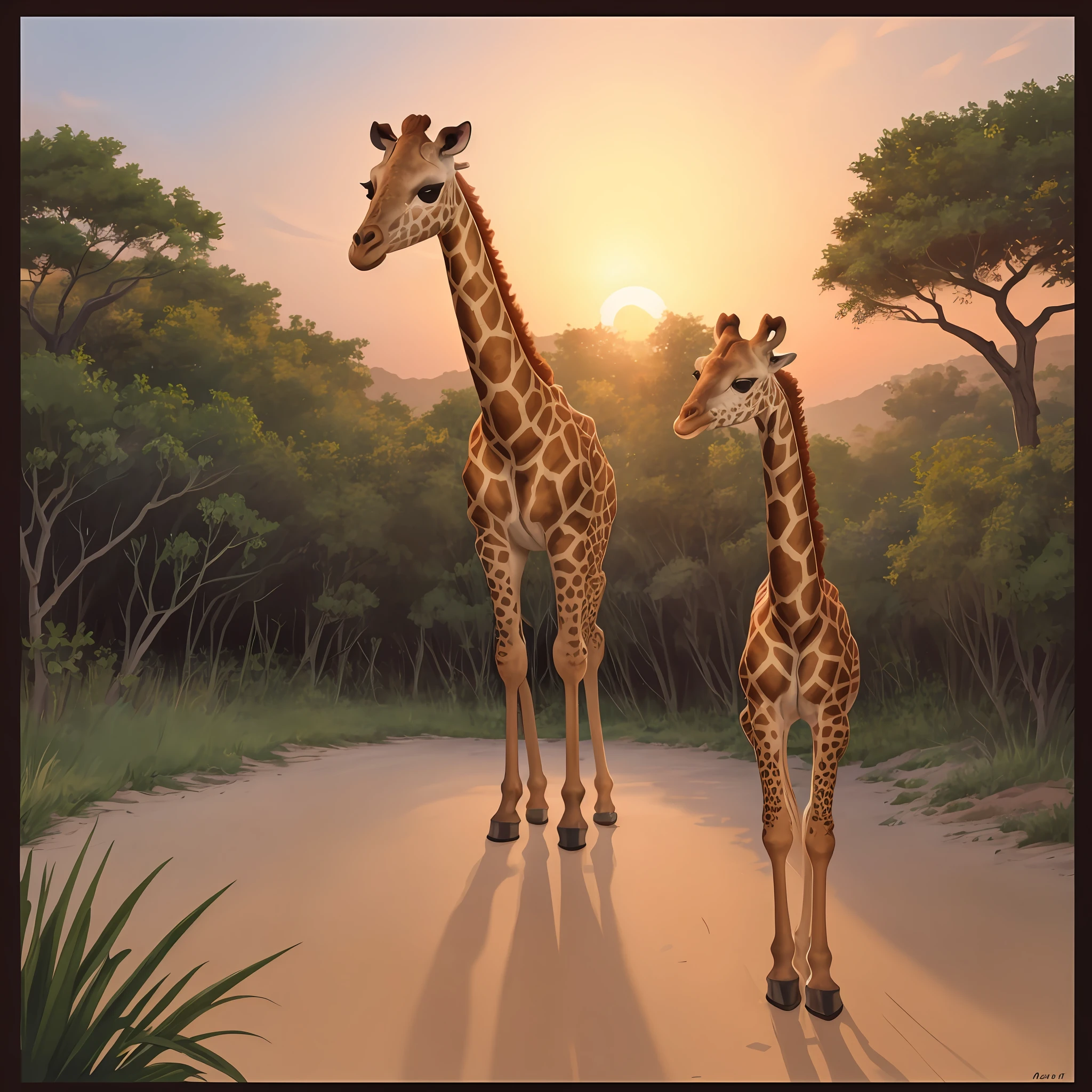 a large-necked giraffe in the African Savanna, with a beautiful sunset in the background, em uma arte linear impressionante, worthy of being on the homepage. The illustration is of the highest quality (x1.2), with perfect cinematic lighting and sharp focus.