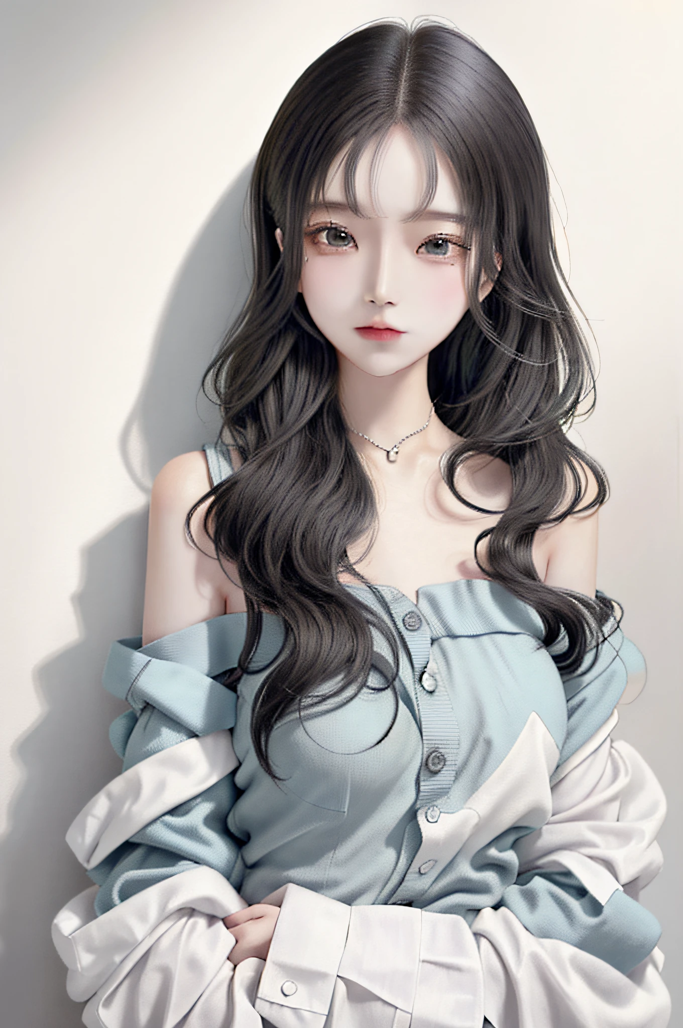 half body photo, ((傑作)), ((Ultra-detail)), pixiv, Best Shadows, Best lighting, Top best Quality, the anime、big, beautiful eyes、Looking at the camera、Clean skin、forehead、Bibi-chan、Jeni in Blackpink、cinematic shot, 1girl, solo, forehead, portrate, slong hair,Black hair, Wavy hair, looking the viewer, White blouse, chubby lips, Balloon Sleeve Shirt, Innocent, smile、 pale skin, Color Aberration, Simple background