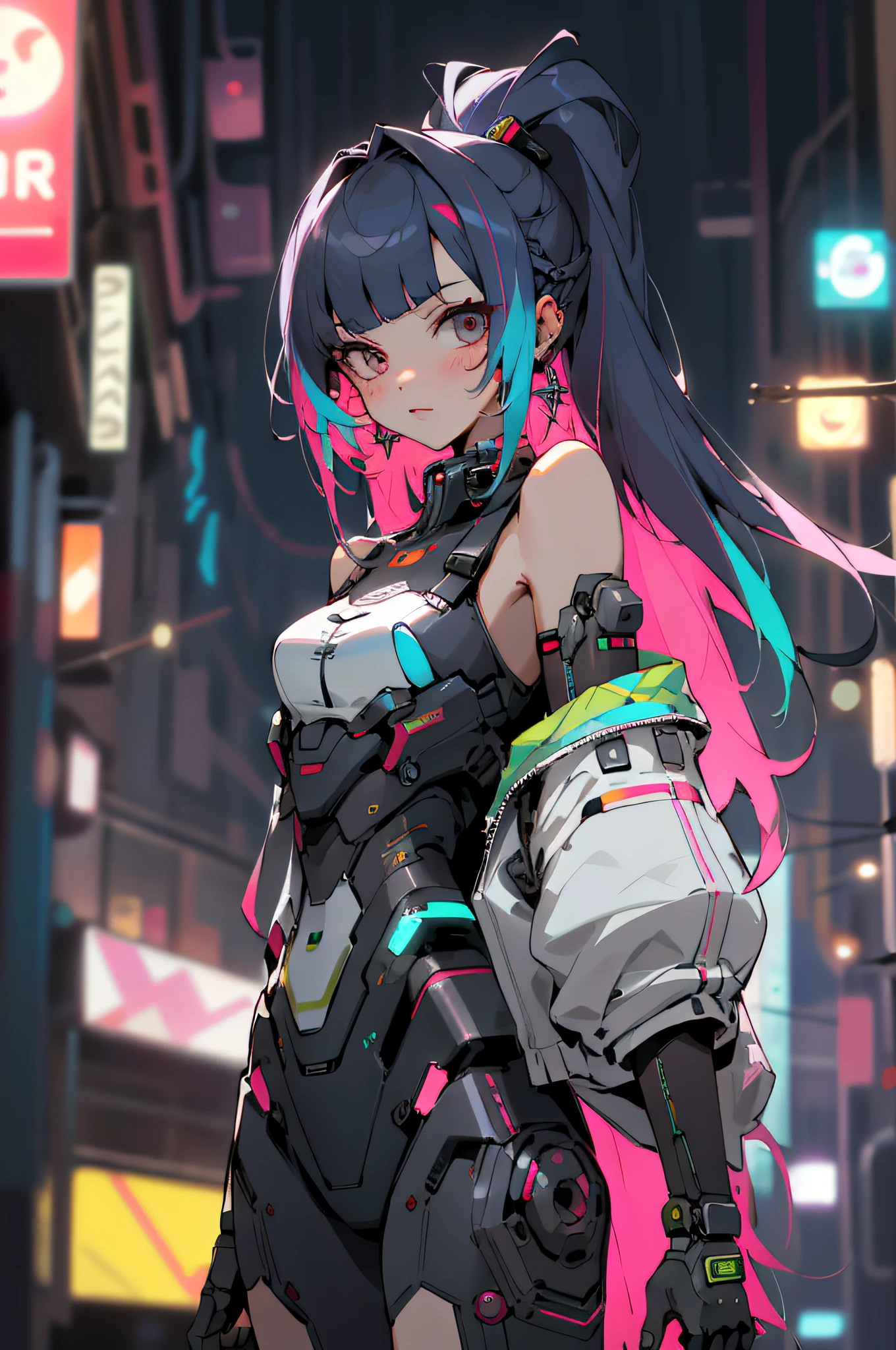 (chef-d&#39;œuvre, Meilleure qualité, Haute qualité, haute résolution, ultra-détaillé),  fille de style cyber, 1fille,  seulement, en boîte de nuit ,bar, Épaules nues, mecha, cyberpunk,  casser, cheveux arc-en-ciel,(cheveux longs)