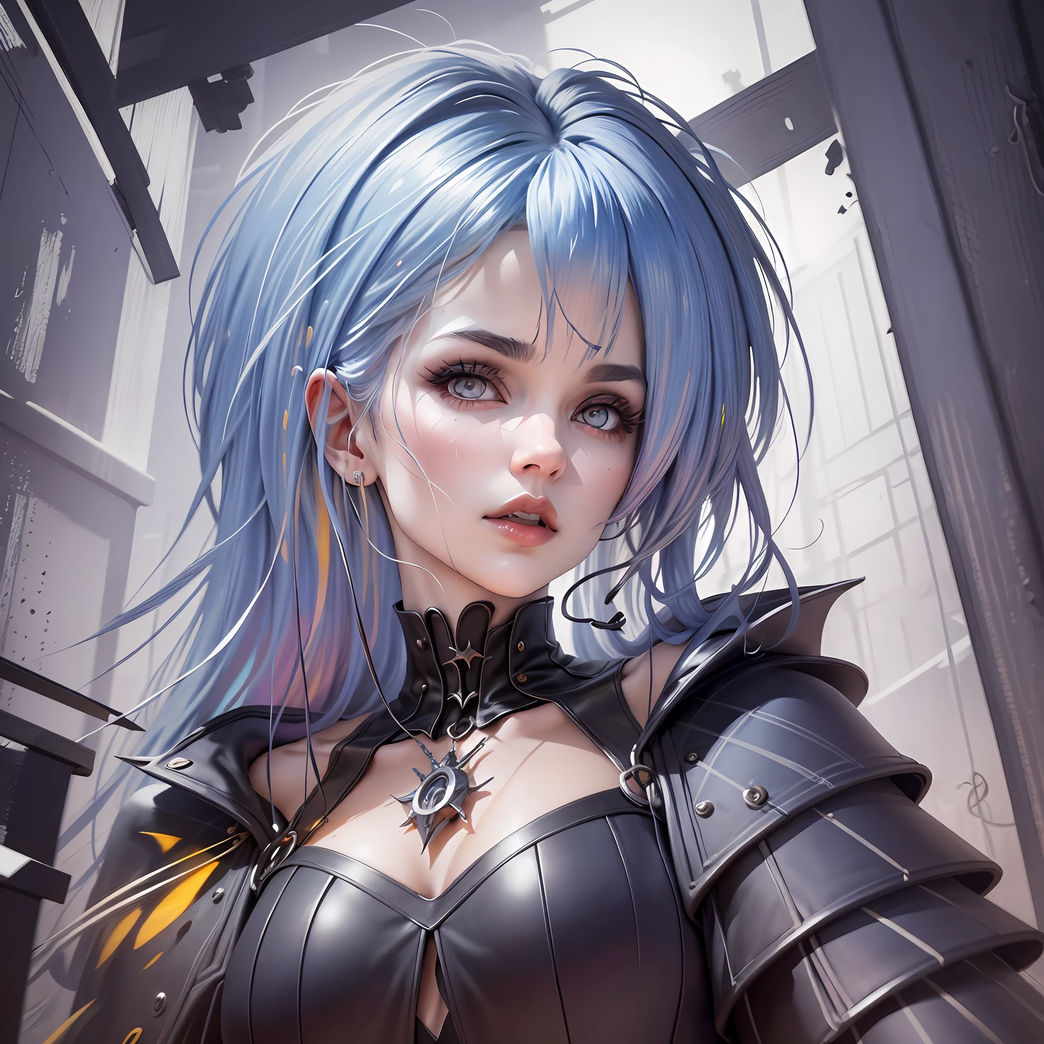 A close up of a woman with blue hair and a black outfit - SeaArt AI