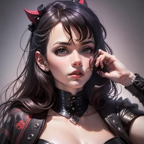 Estilo realismo, Arte centrada, vetor 2D, garota vampira sexy semi nua, olho vermelho presas na boca cabelo escuro, fine feature...