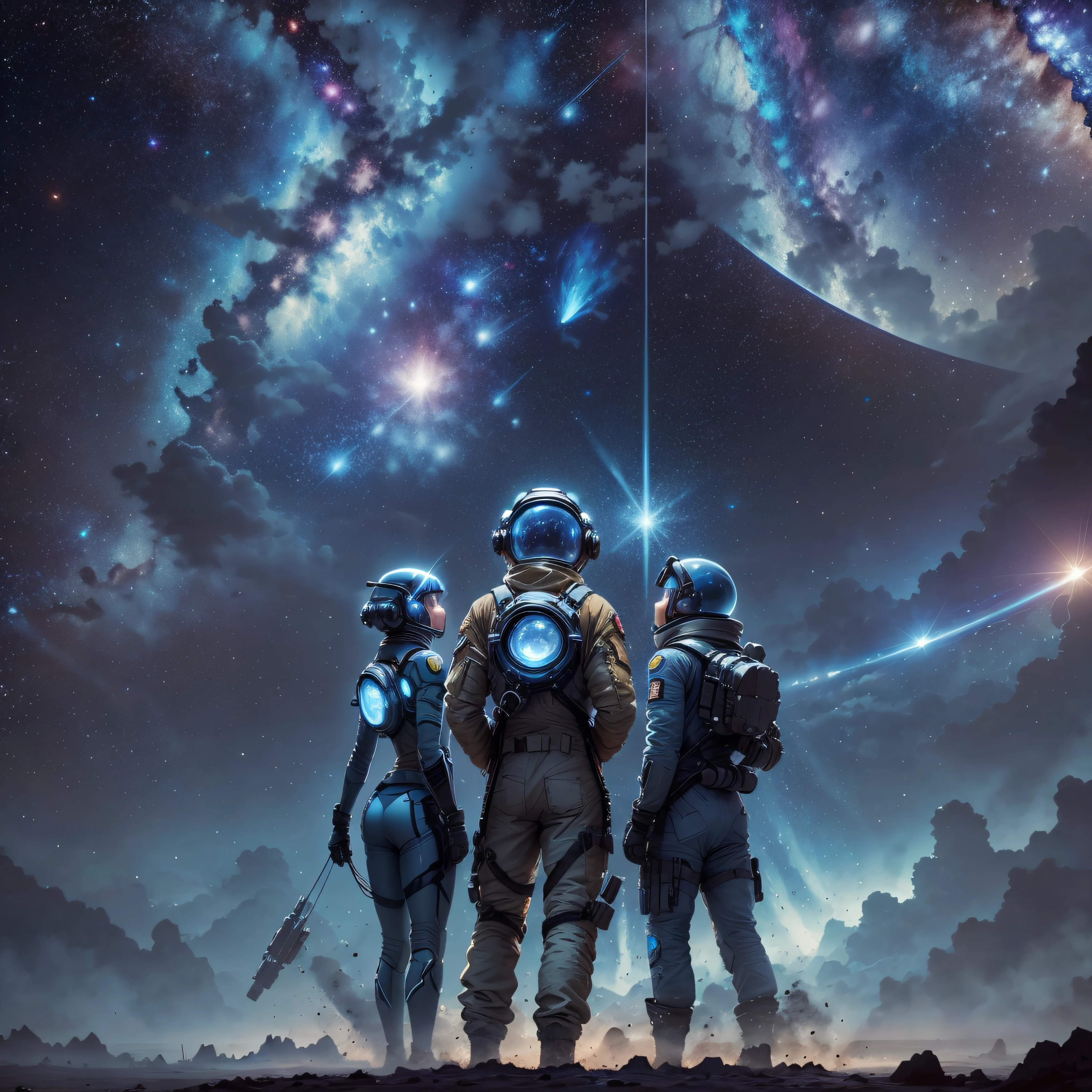 Three astronauts standing in the middle of the galaxy, using Luya's equipment to hang iron plates firmly hooked the earth in front of the black hole. With the starry sky as the backdrop of Ultra HD 8K, cool details are pulled full of Cypon blog style --auto --s2