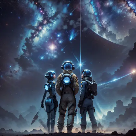 three astronauts standing in the middle of the galaxy, using luya's equipment to hang iron plates firmly hooked the earth in fro...