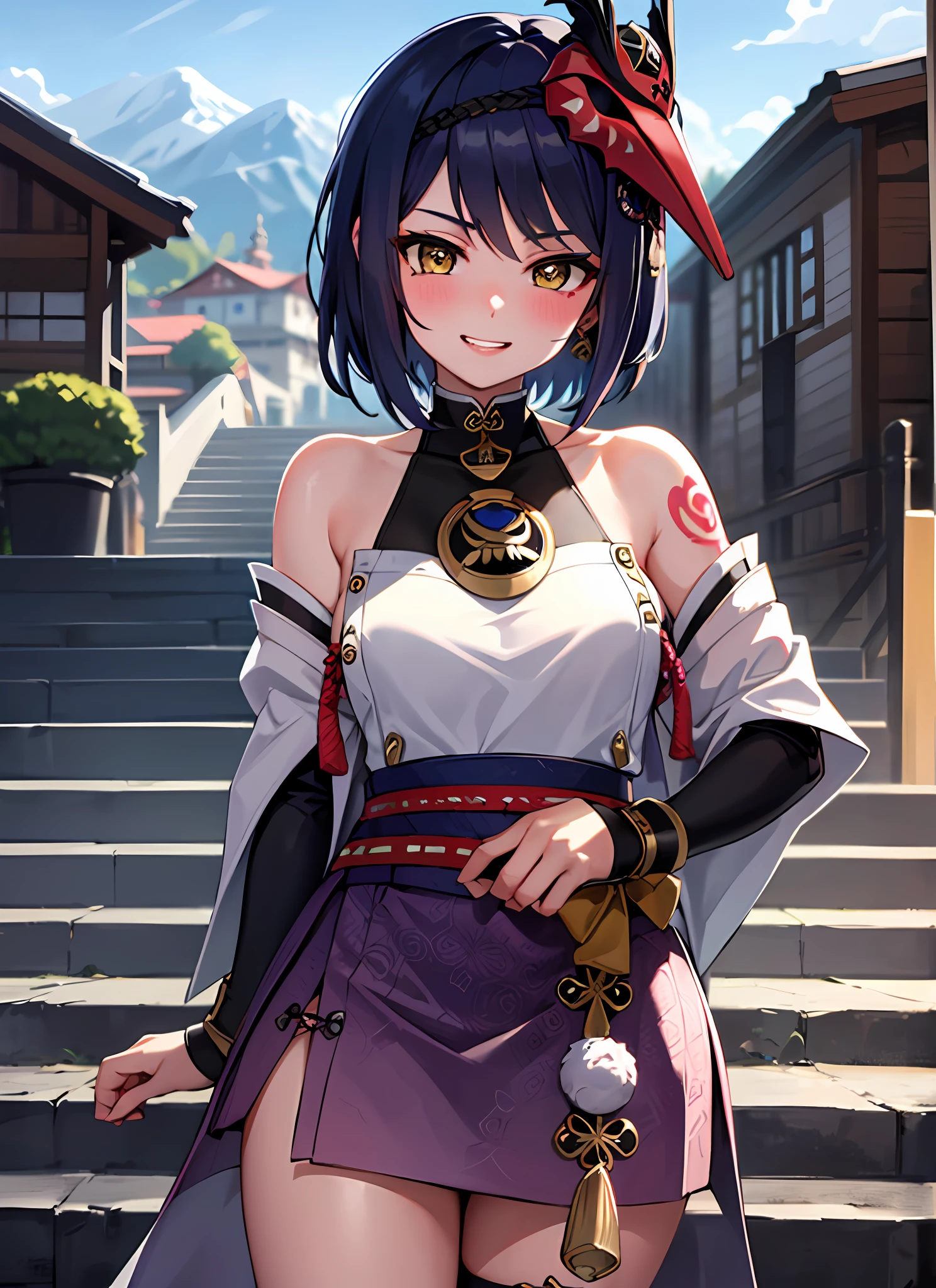 kujousaradef, smile, blush, outdoors, day, simple background, blue sky, short hair, sky, temple, looking at viewer, stairs, mountain, moody lighting, facing viewer, sexy pose, show teeth, tattoo, cool black tattoo, ear pierce, cleveage, jacket, mini skirt, stocking,