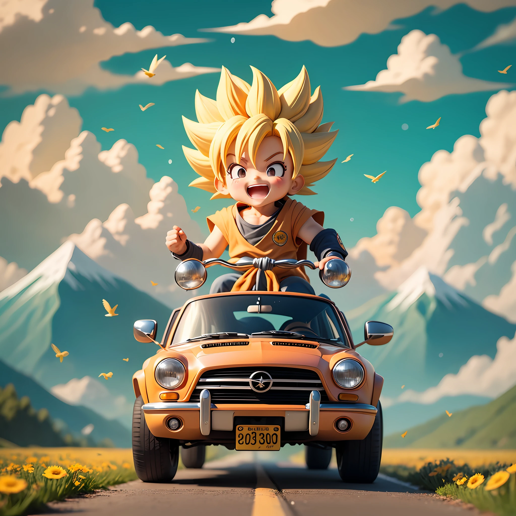 raindrops，Clouds，sunbeam，highway，Little boy driving a car，son goku，super saiyan，Laugh，Spiked hairstyle，Flowerountain，rivers，bird，Entire body，Rich colors，Chibi T-Shi