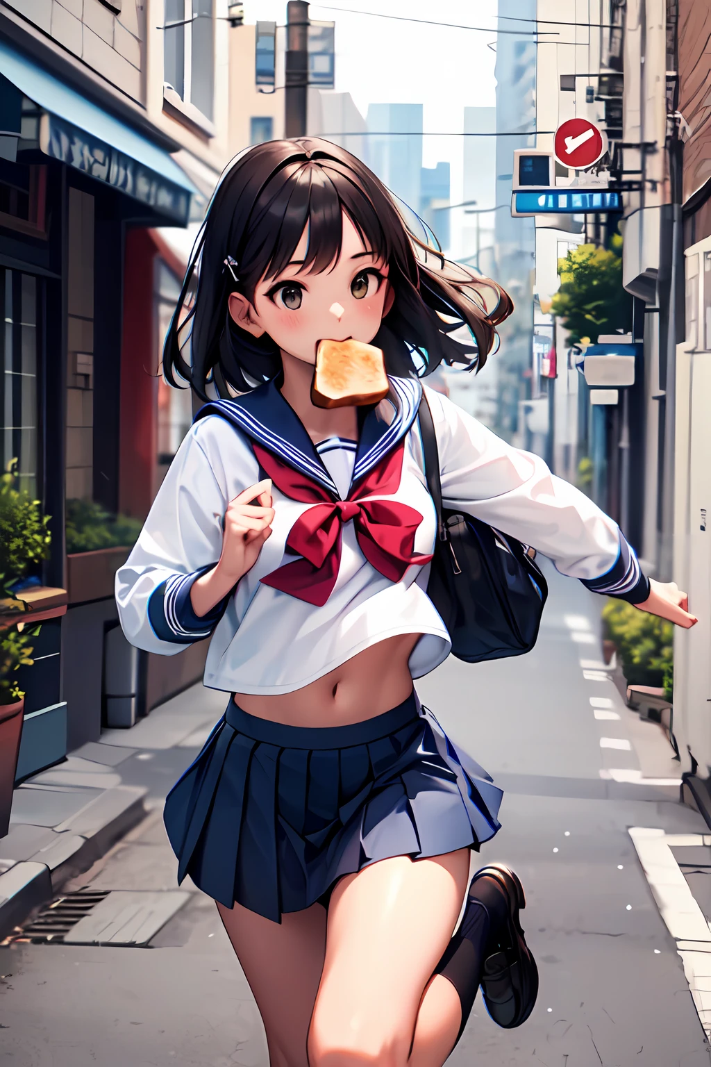 masterpiece, best quality, a girl, serafuku, blue bow, pleated skirt, blue socks, loafers, city street, running, toast in mouth,
