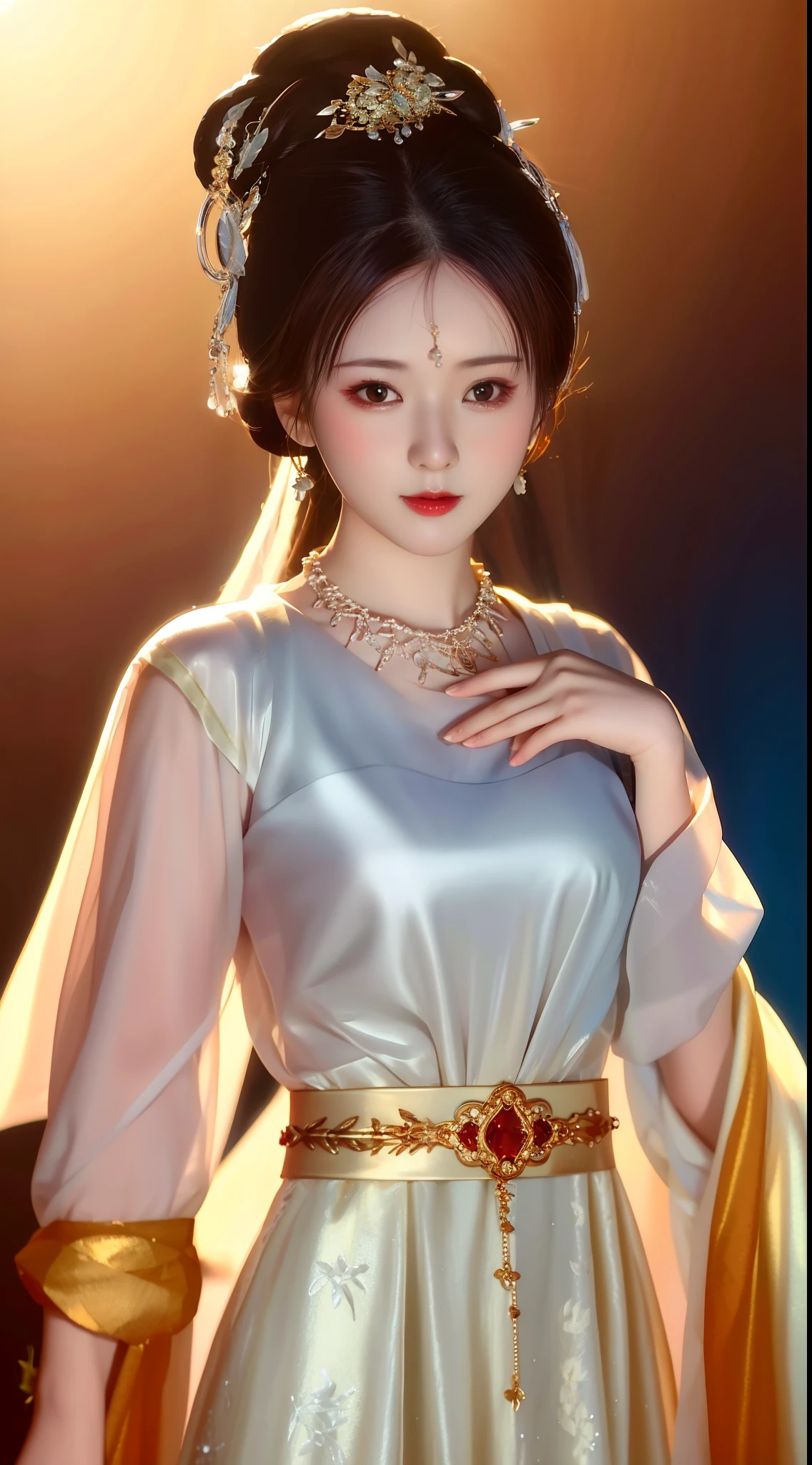 best quality, masterpiece, highres, 1girl, china dress, hair ornament, necklace, jewelry, Beautiful face, upon_body, tyndall effect, photorealistic, dark studio, rim lighting, two tone lighting, (high detailed skin:1.2), 8k uhd, dslr, soft lighting, high quality, volumetric lighting, candid, Photograph, high resolution, 4k, 8k, Bokeh, medium breasts,