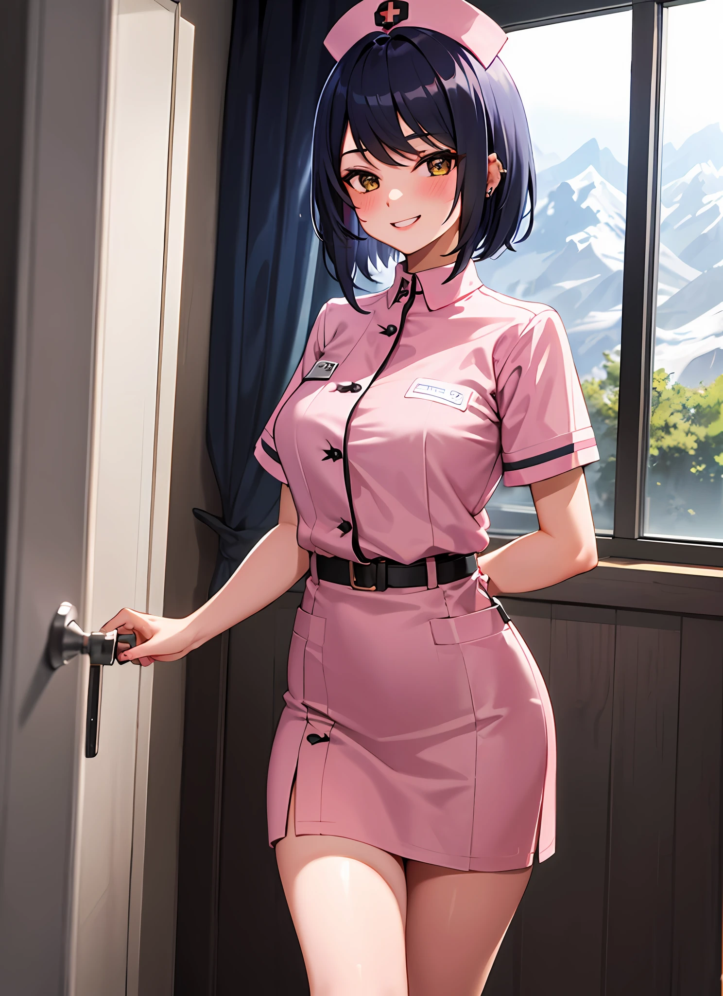 1 girl, solo, kujousaradef, nurse, smile, blush, hospital, indoor, day, window, short hair, sky, temple, looking at viewer, stairs, mountain, moody lighting, facing viewer, sexy pose, show teeth, tattoo, cool black tattoo, ear pierce, cleveage, nurse uniform, mini skirt, stocking, nurse hat, pink nurse uniform, infirmary,