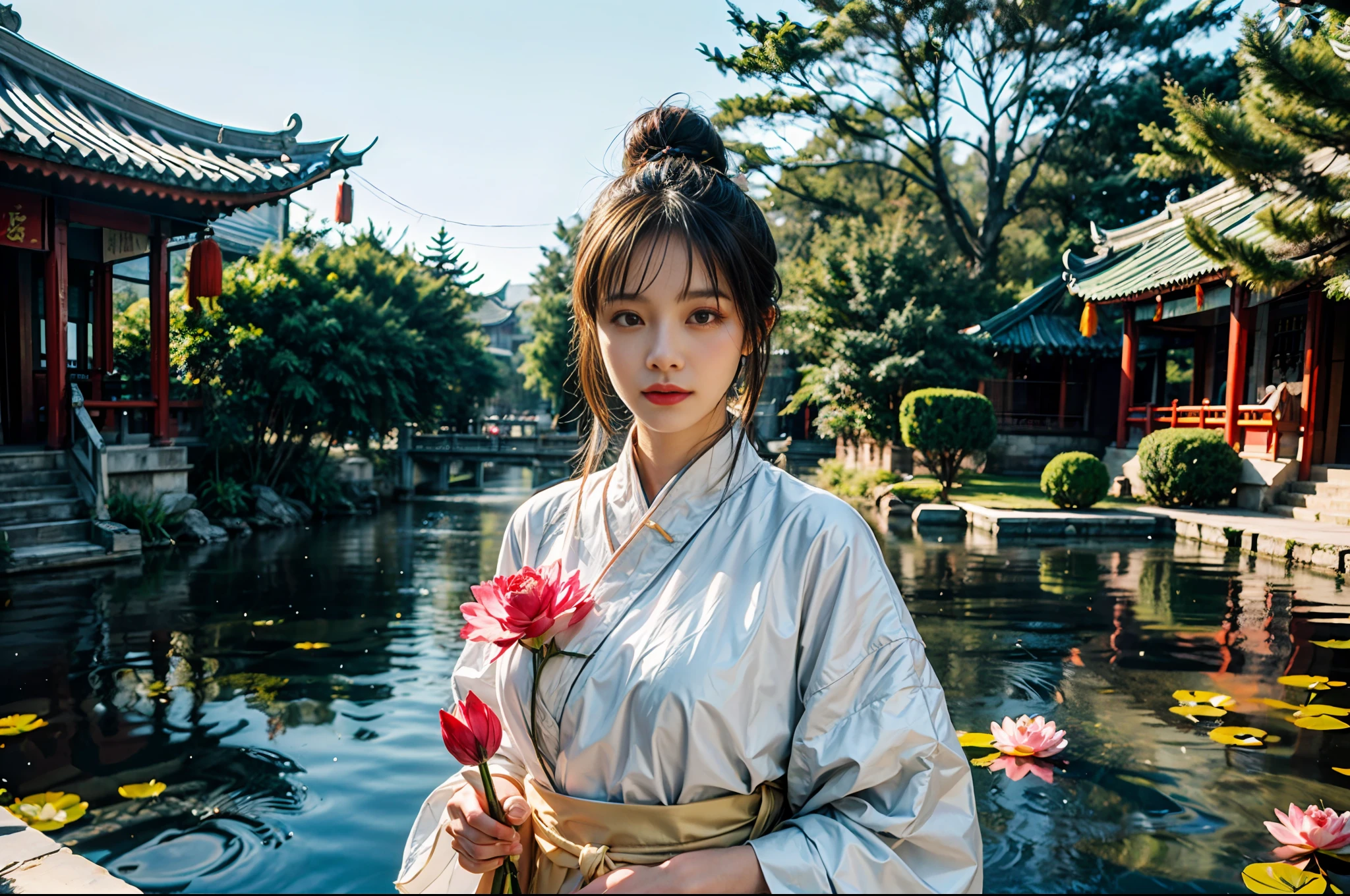 realistic, big vista, wide angle lens, intricate details, super detailed, natural skin texture, 1 girl, hair bundle, bun, beautiful Chinese woman in white hanfu robe cloak, fairy, white mist, golden light, white mist, outdoors, in Hangzhou West Lake, in ancient Chinese pavilion, (colorful, vivid, sunny, cool light: 1.2) lotus leaves in pond, delicate facial details, dynamic poses, exquisite details, wide view, epic details, global illumination - ar 3:2 - Q 5 - V 5.1 - Style RAW-S 750, style influenced by ancient Chinese art, complex, high detail, sharp focus, dramatic, photorealistic painting art, lotus leaf, spring rain, bright, light, atmospheric, bright tones of spring, super detail, 16k, best quality, soft light, space, crystal clear, natural light, surreal photography,