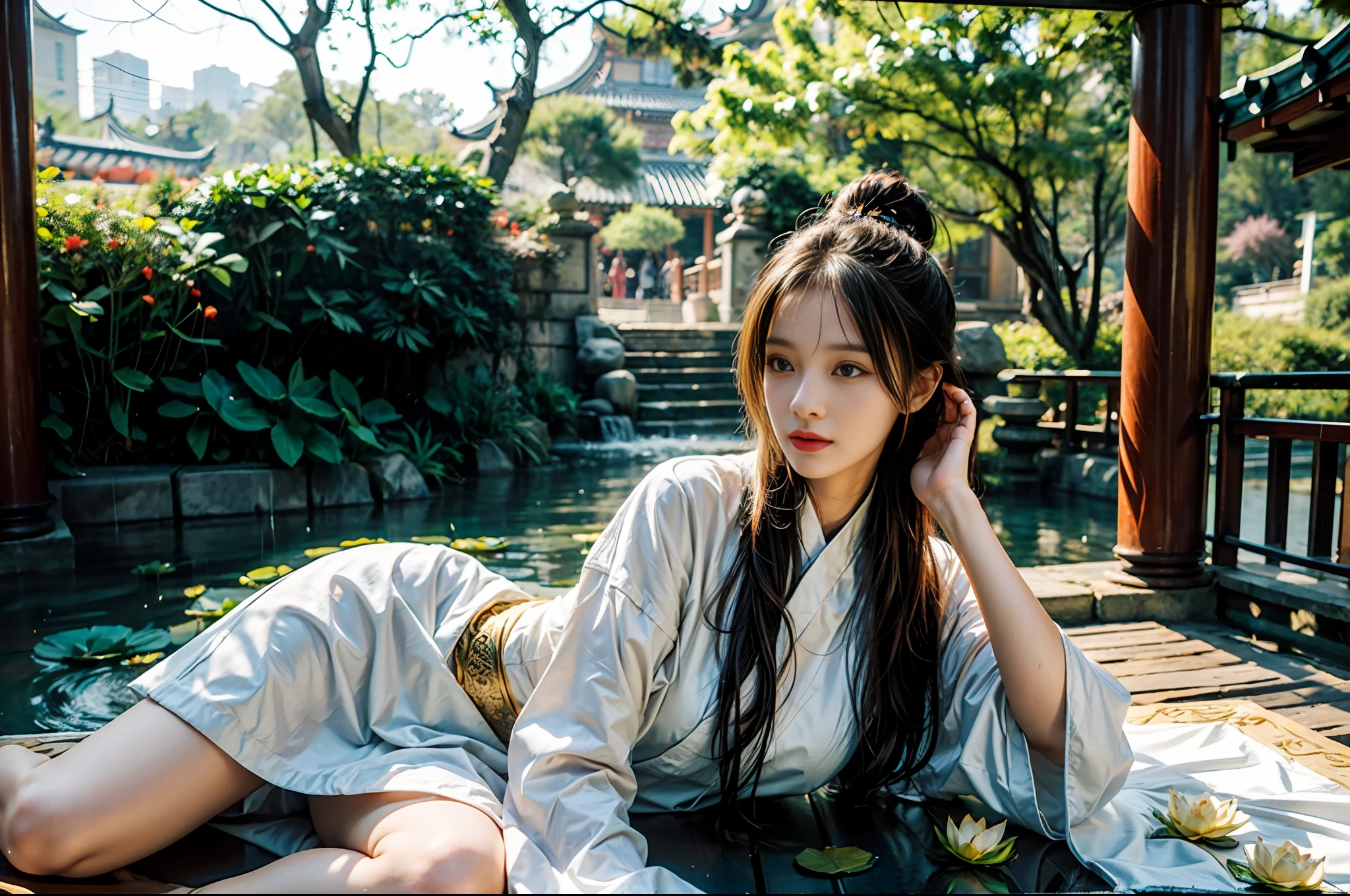 realistic, big vista, wide angle lens, intricate details, super detailed, natural skin texture, 1 girl, hair bundle, bun, beautiful Chinese woman in white hanfu robe cloak, fairy, white mist, golden light, white mist, outdoors, in Hangzhou West Lake, in ancient Chinese pavilion, (colorful, vivid, sunny, cool light: 1.2) lotus leaves in pond, delicate facial details, dynamic poses, exquisite details, wide view, epic details, global illumination - ar 3:2 - Q 5 - V 5.1 - Style RAW-S 750, style influenced by ancient Chinese art, complex, high detail, sharp focus, dramatic, photorealistic painting art, lotus leaf, spring rain, bright, light, atmospheric, bright tones of spring, super detail, 16k, best quality, soft light, space, crystal clear, natural light, surreal photography,