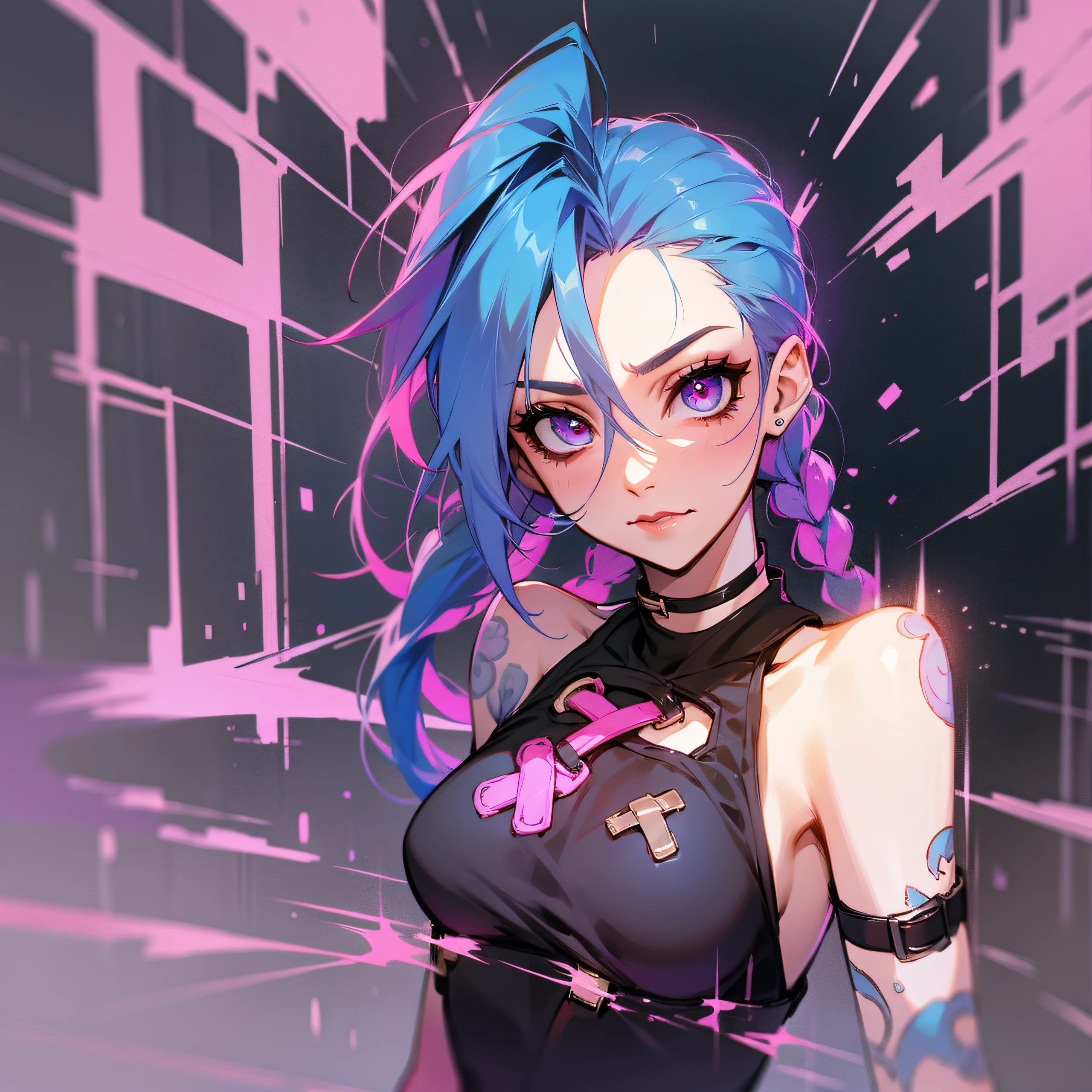 (highres), (absurdres), (best quality), (high quality), (masterpiece), (1boy),, glowing eyes, pink eyes, blue hair, long hair, twin braids, jinx \(league of legends\), arm tattoo, crop top, medium breasts, arms behind back,
