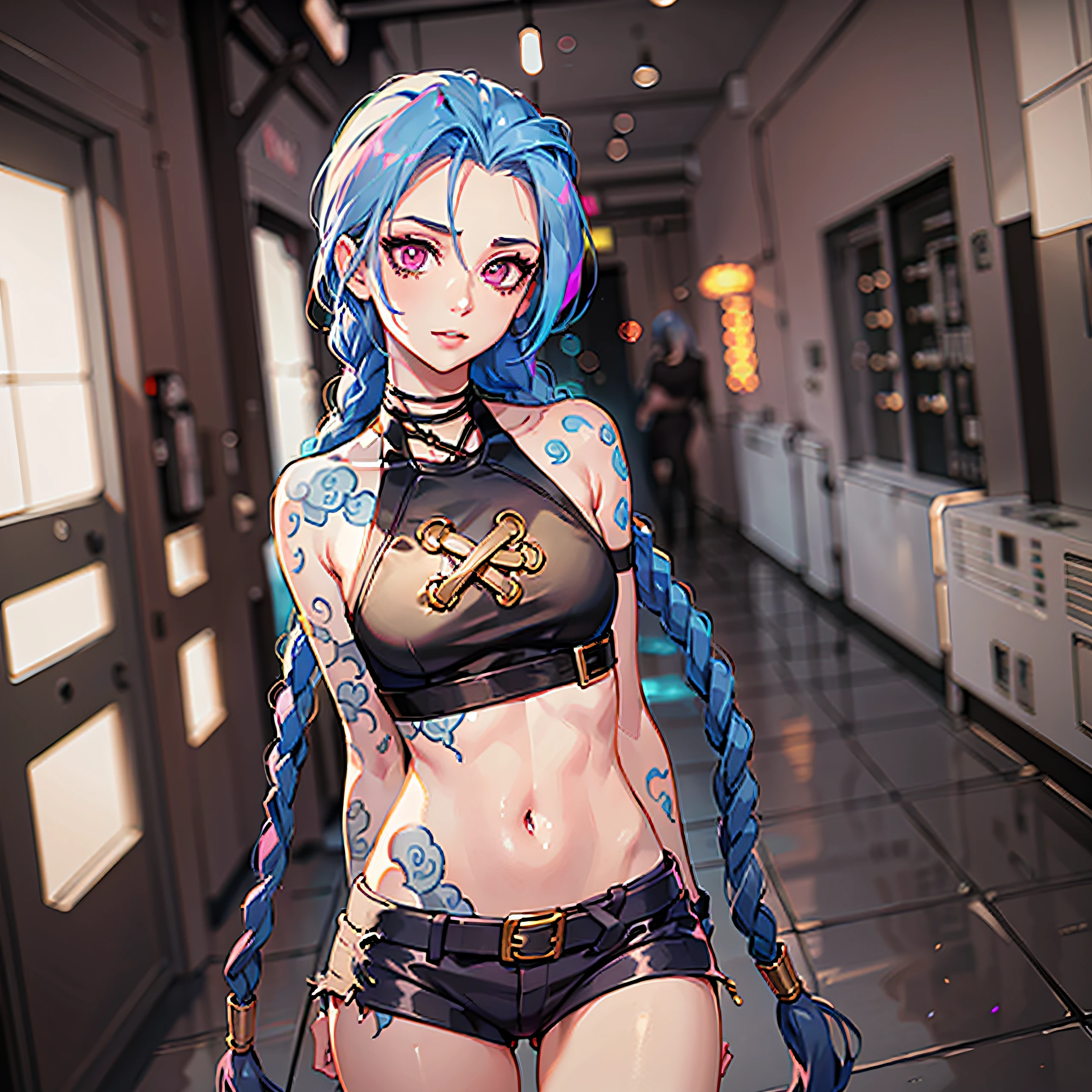 (highres), (absurdres), (best quality), (high quality), (masterpiece), (1boy),, glowing eyes, pink eyes, blue hair, long hair, twin braids, jinx \(league of legends\), arm tattoo, crop top, medium breasts, arms behind back,